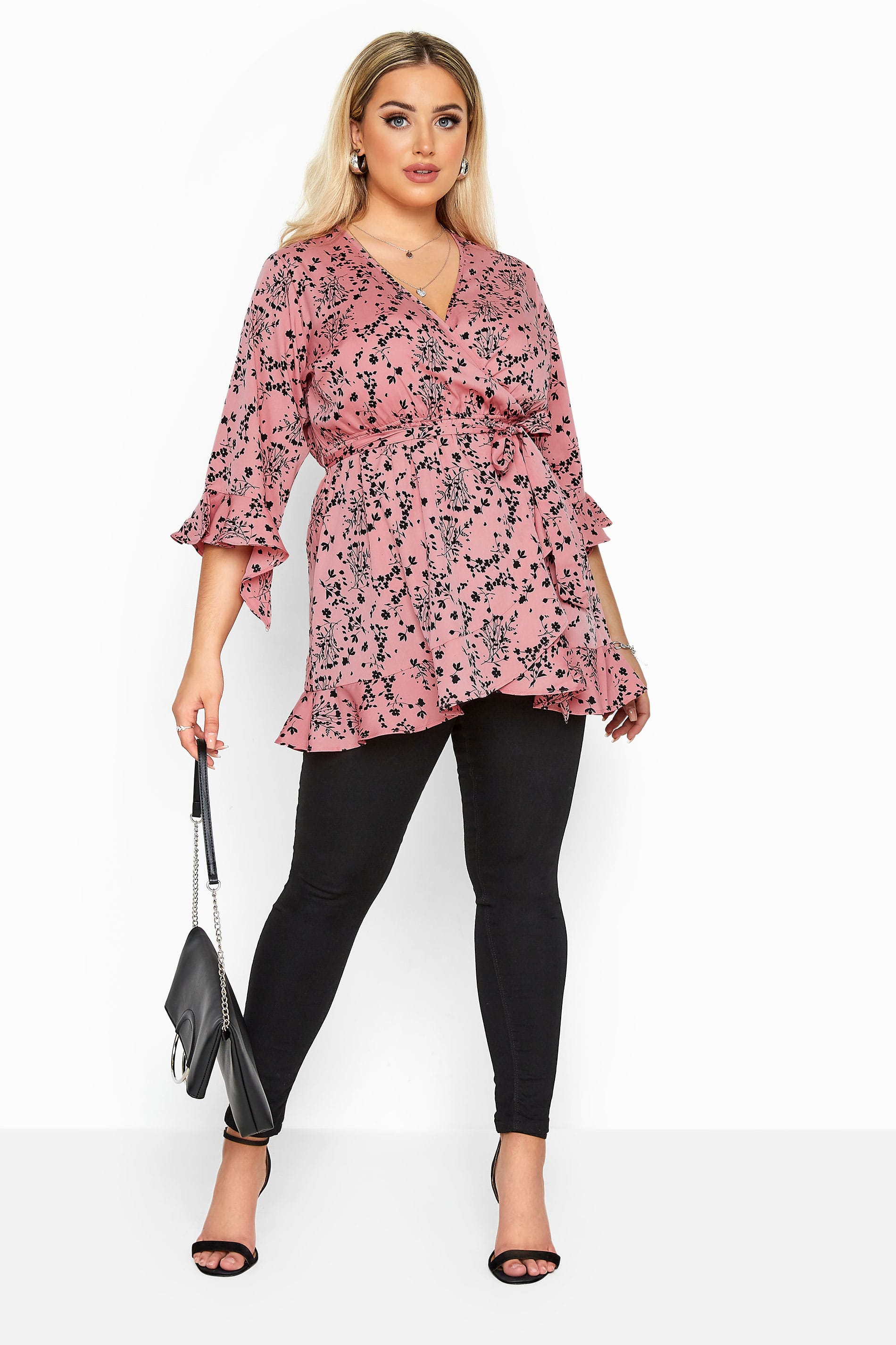 Dusty Pink Floral Wrap Top | Yours Clothing