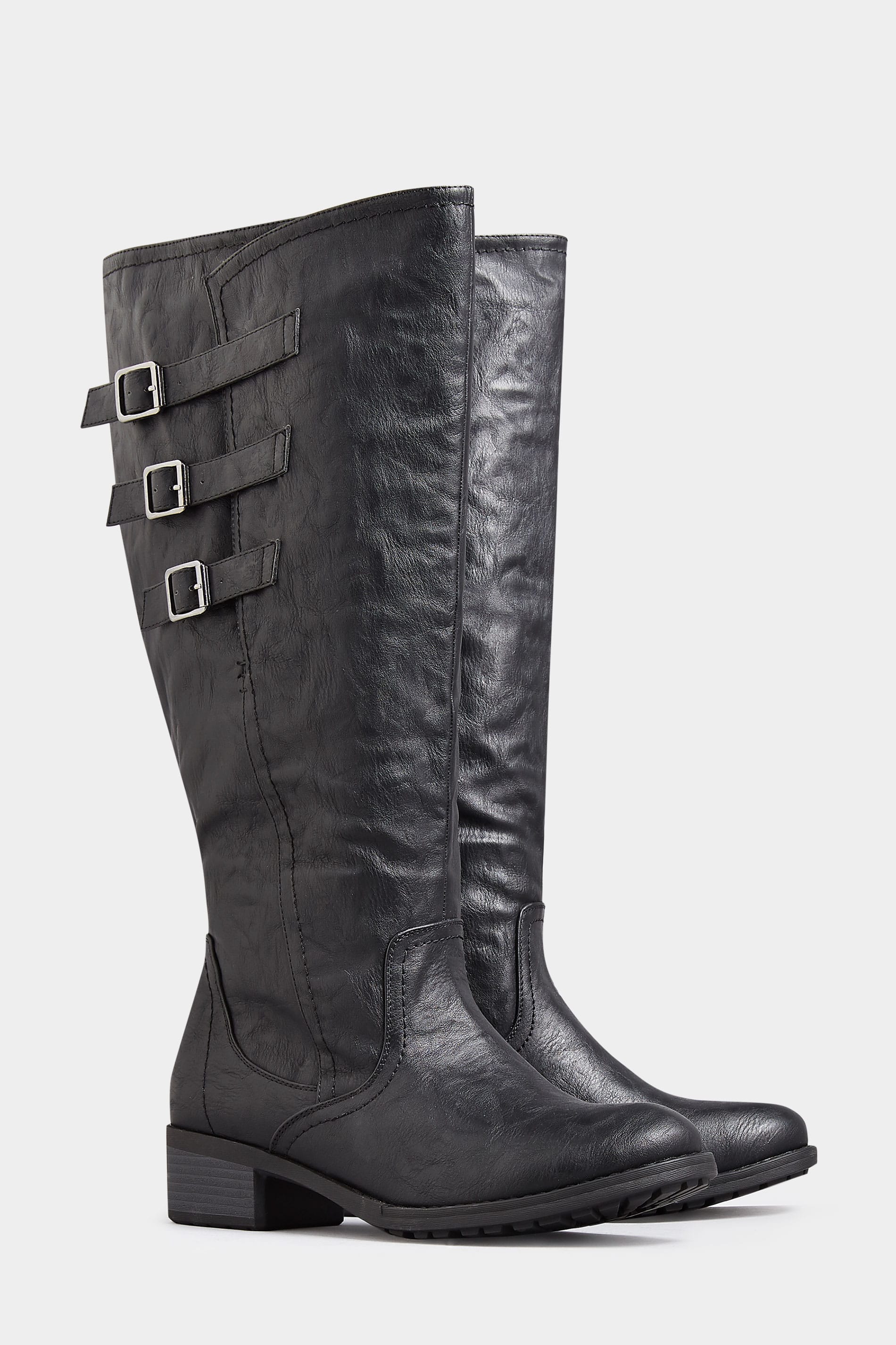 Black Knee High Boots In Extra Wide Fit With Adjustable Straps 1