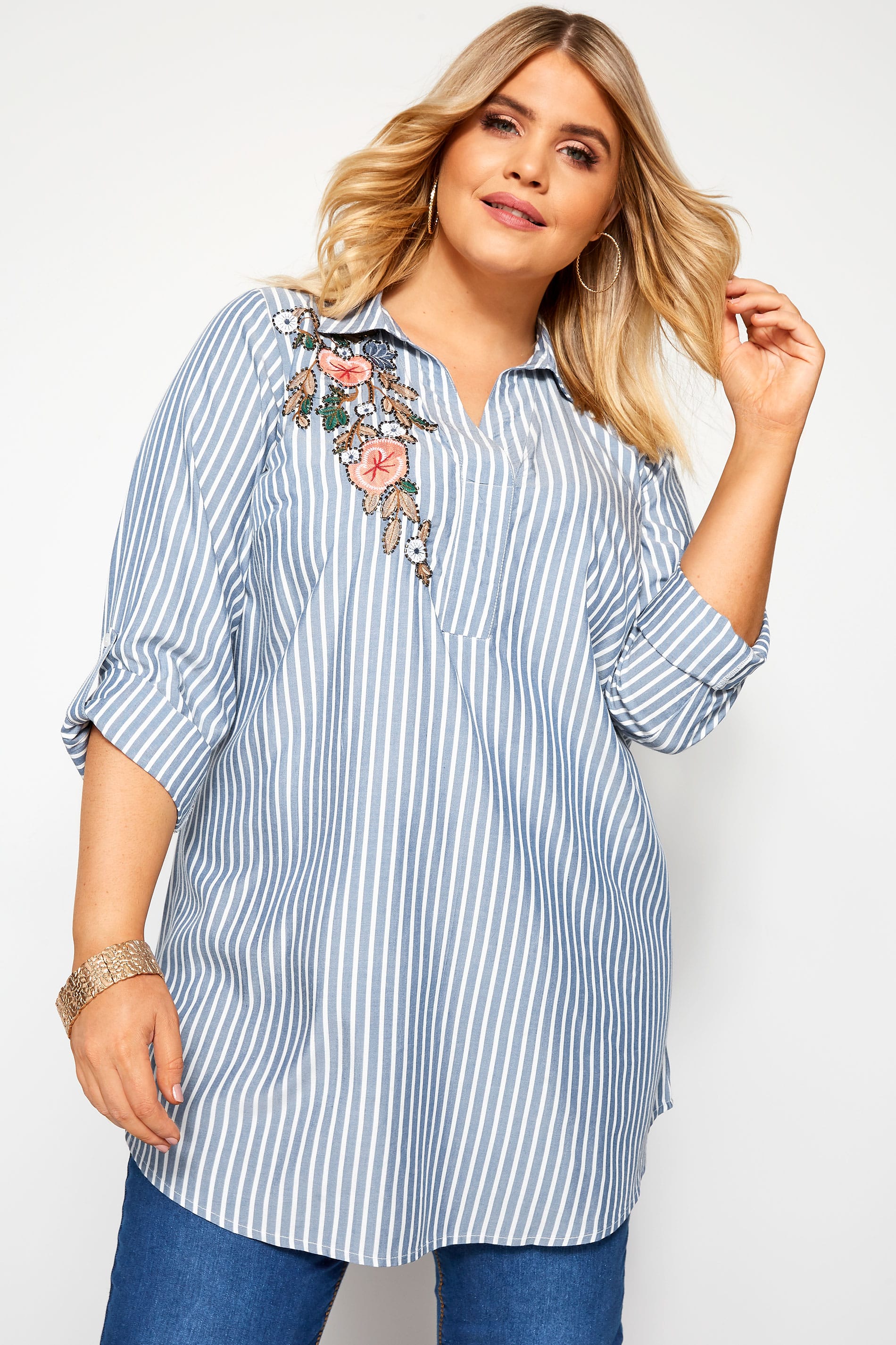 Blue Striped Floral Embellished Shirt | Yours Clothing
