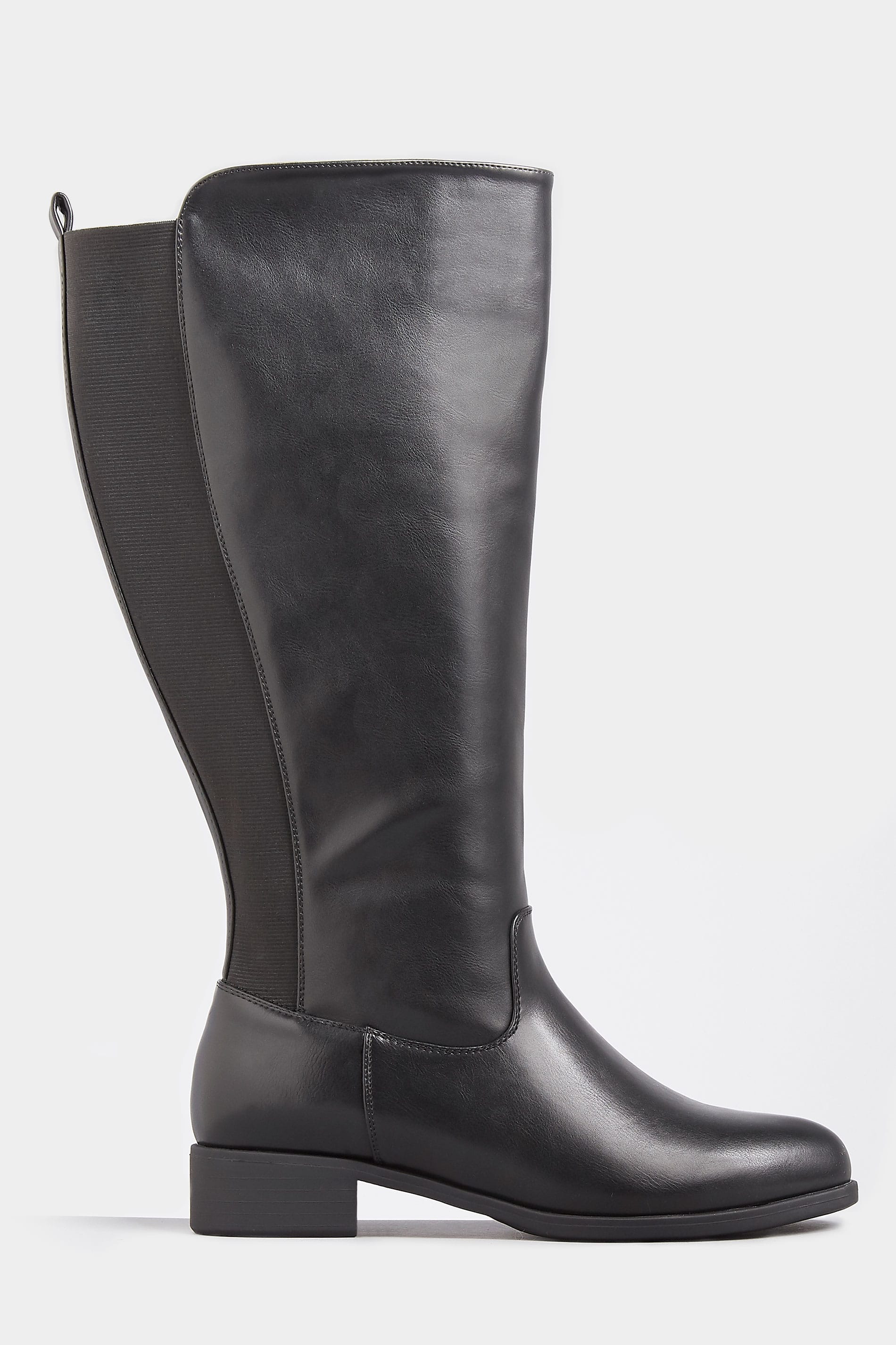 Womens Ladies Black Elasticated Stretch Wide Fit Calf Long Boots Leather 
