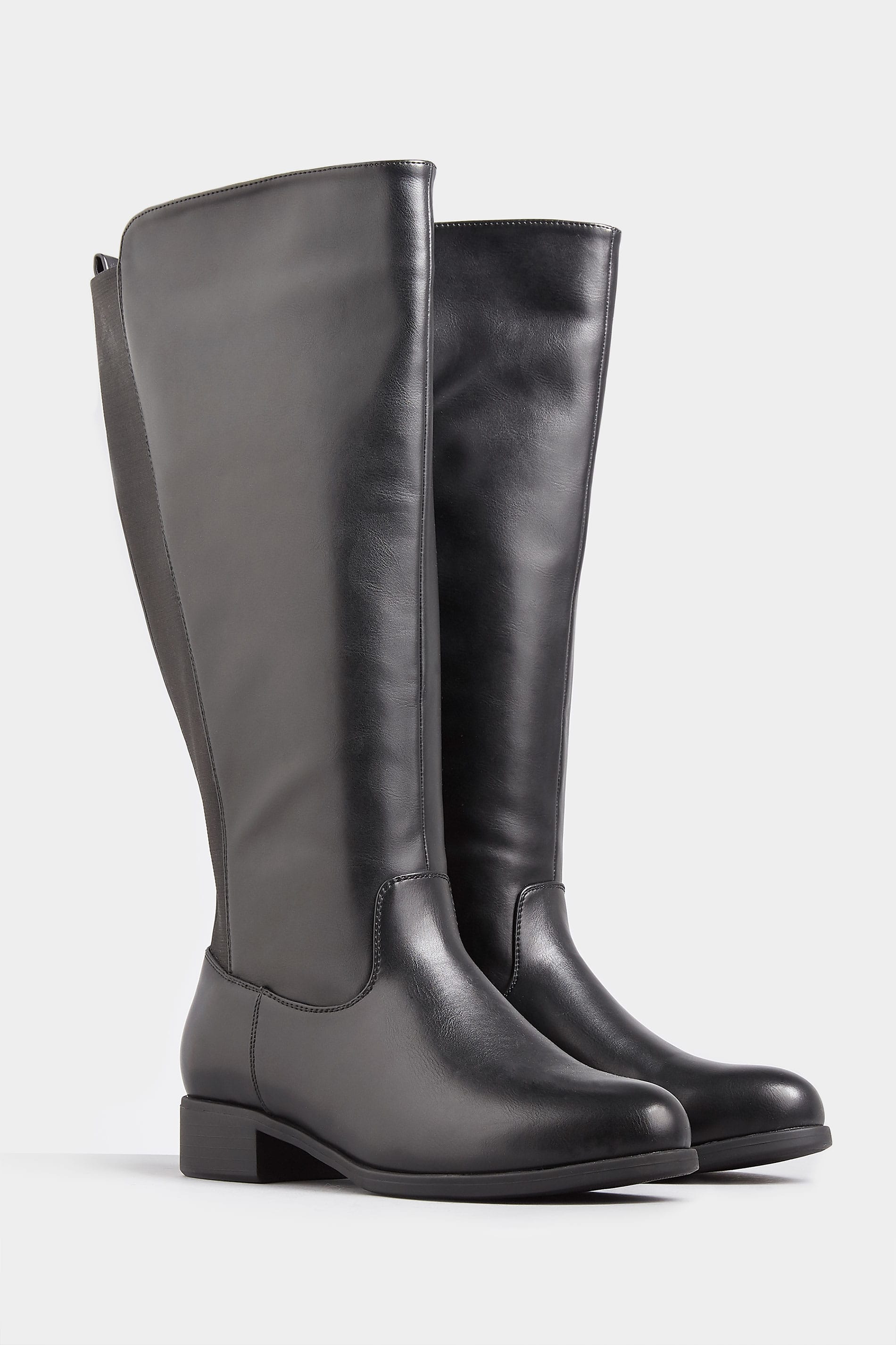 Womens Ladies Black Elasticated Stretch Wide Fit Calf Long Boots Leather 