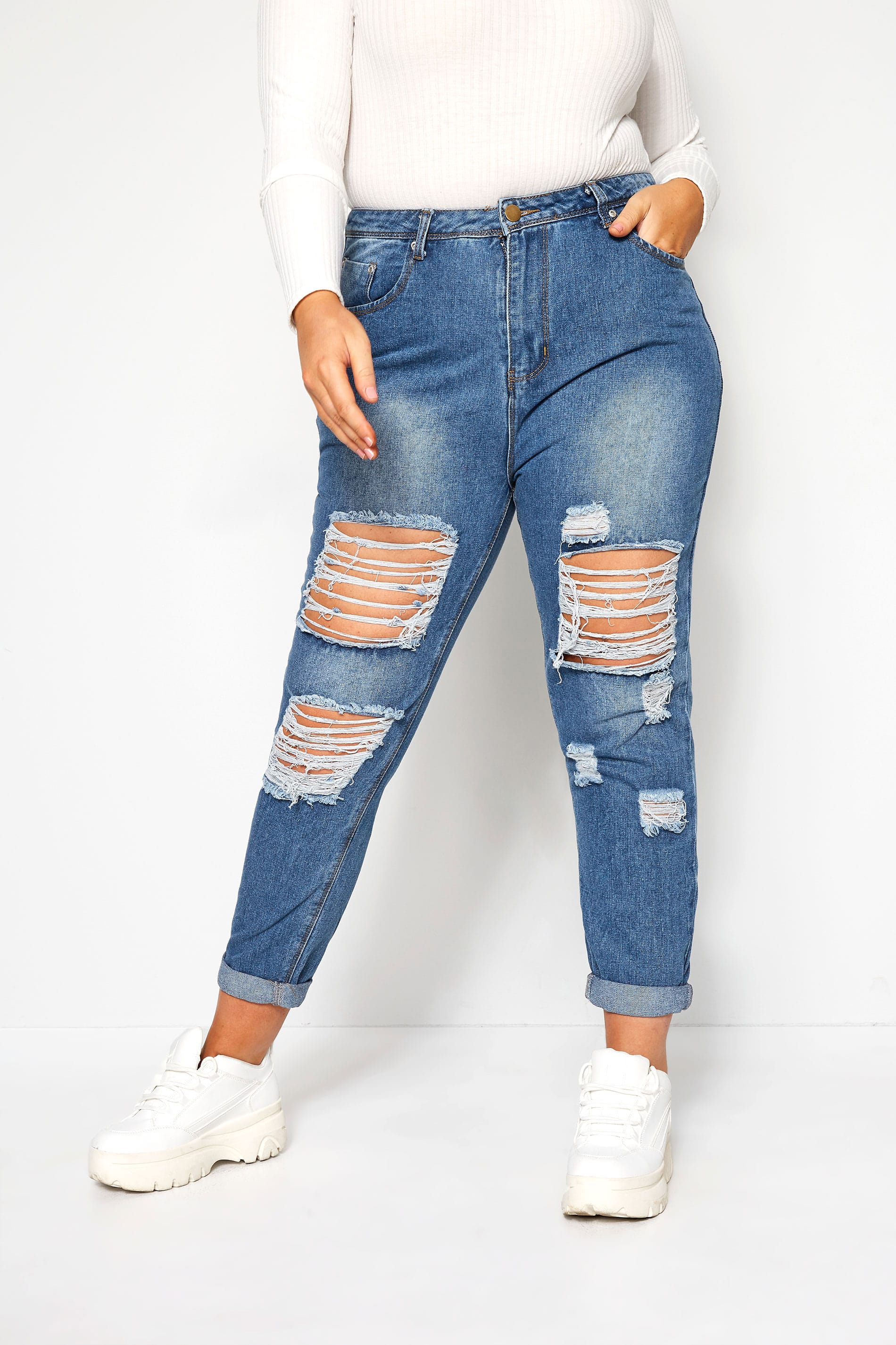 Blue Extreme Ripped Mom Jeans | Yours Clothing