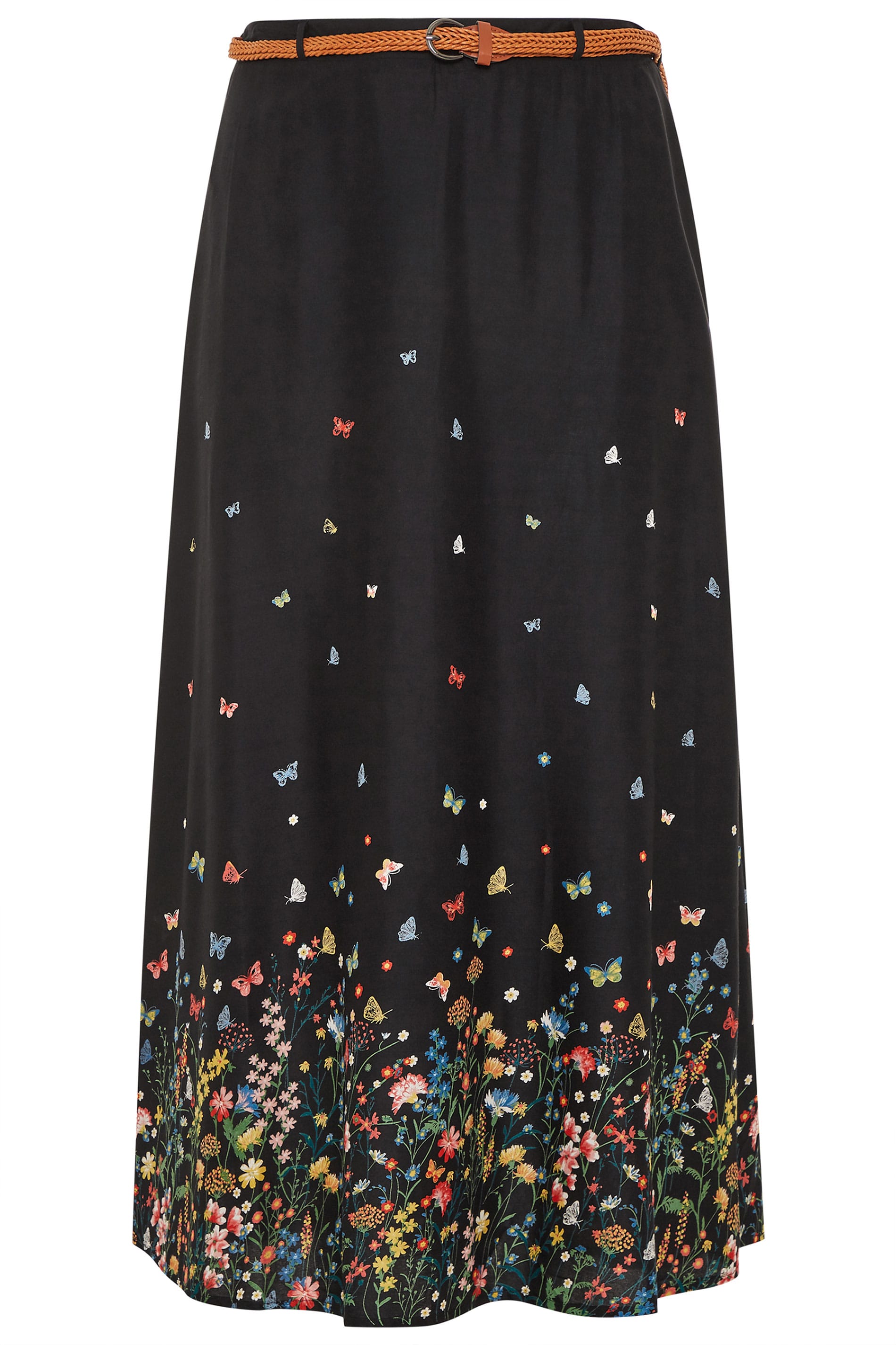 Black Floral Butterfly Maxi Skirt With Belt | Yours Clothing