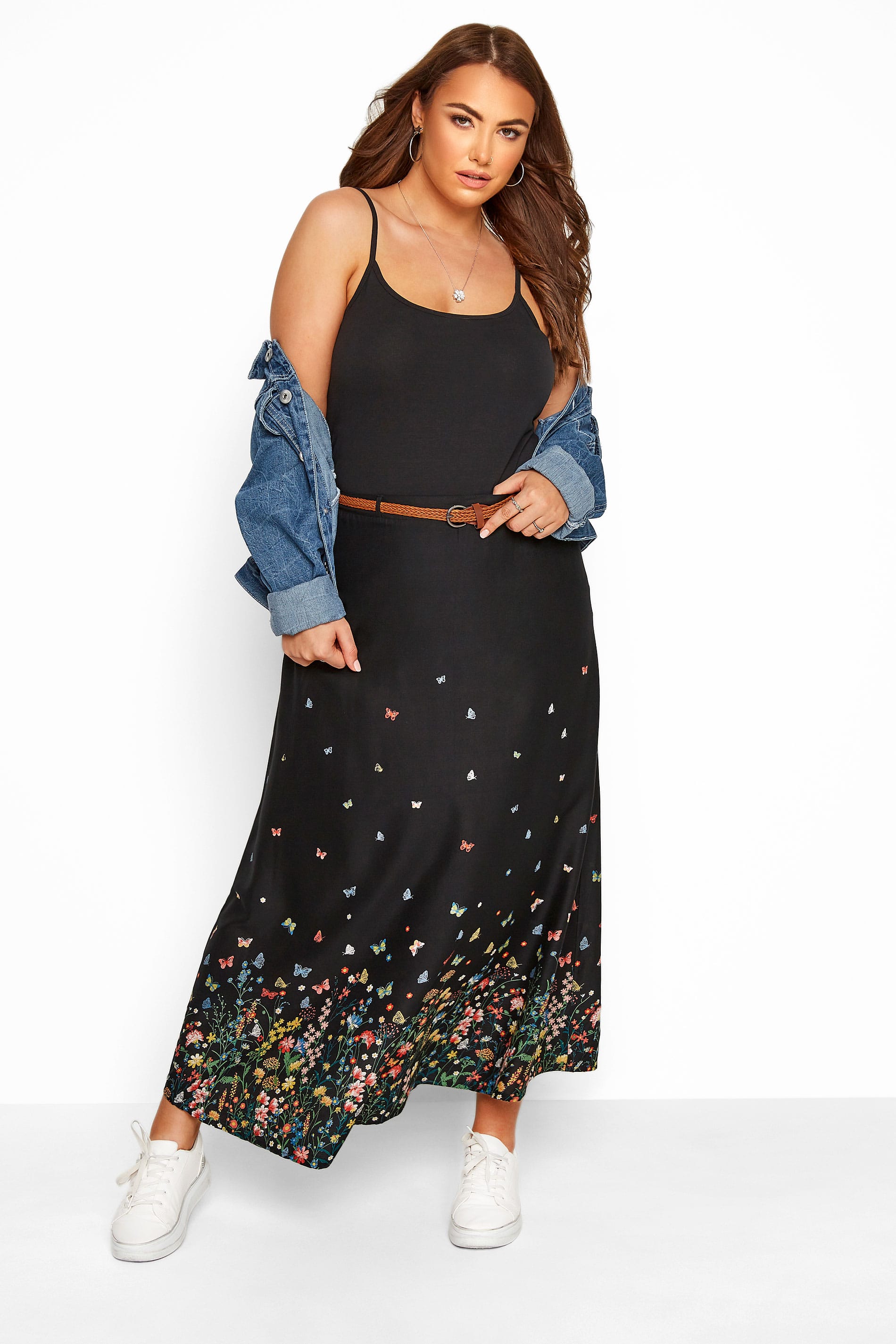 Black Floral Butterfly Maxi Skirt With Belt | Yours Clothing