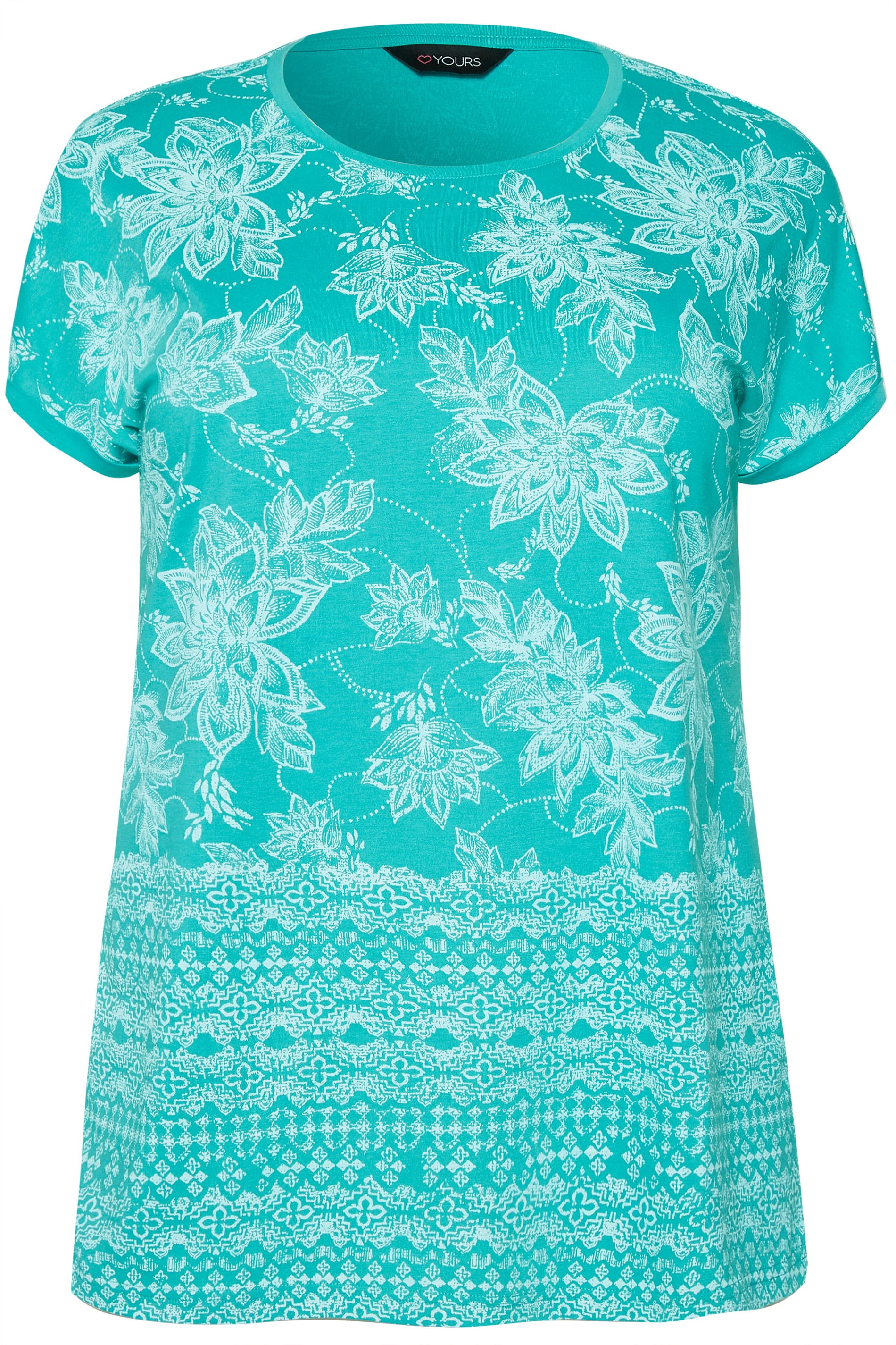 Turquoise Floral Border T-Shirt | Sizes 16-36 | Yours Clothing