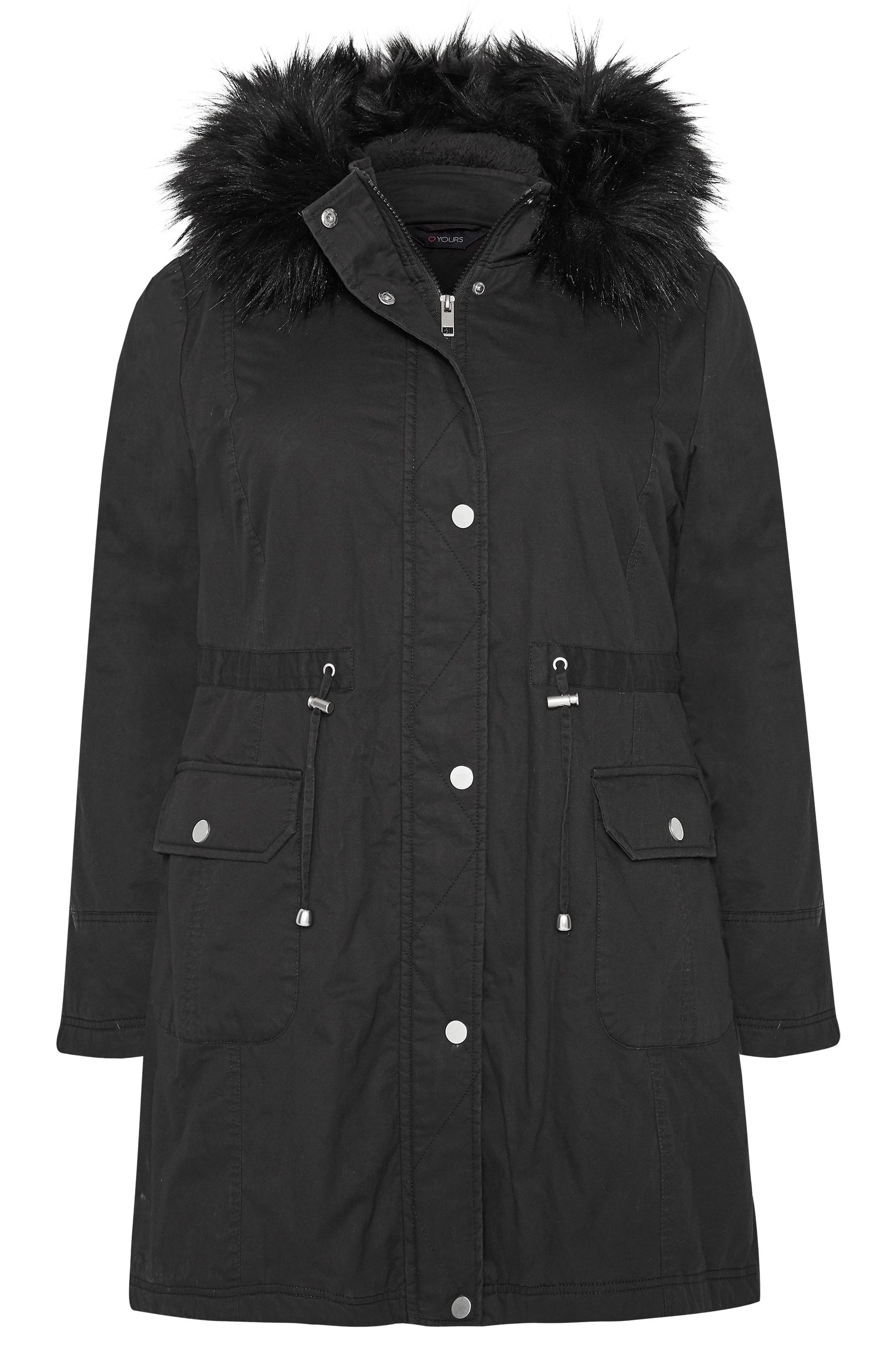 Black Fleece Lined Faux Fur Hooded Parka | Sizes 16-40 | Yours Clothing
