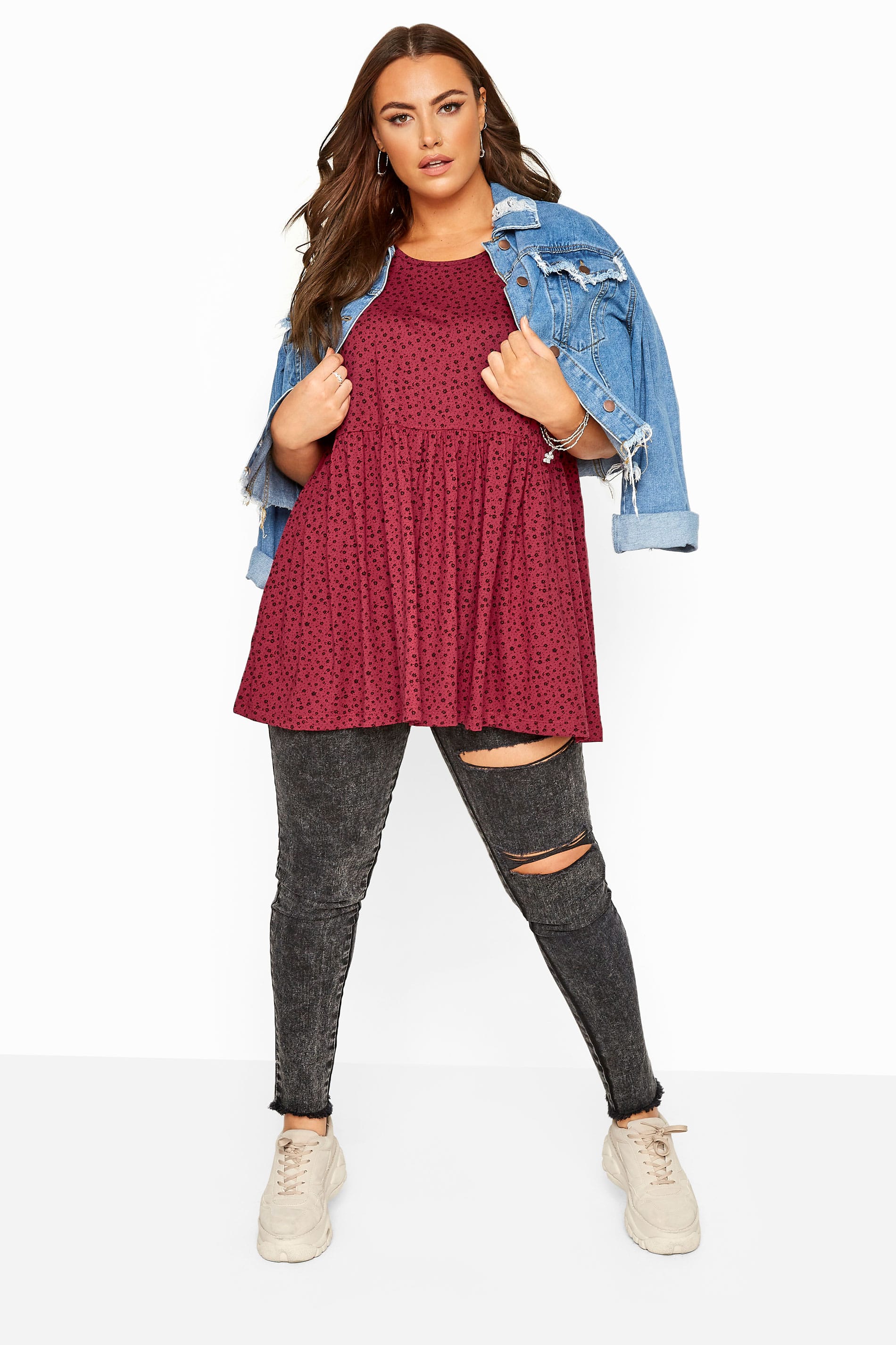 Dark Pink Ditsy Peplum Top | Yours Clothing