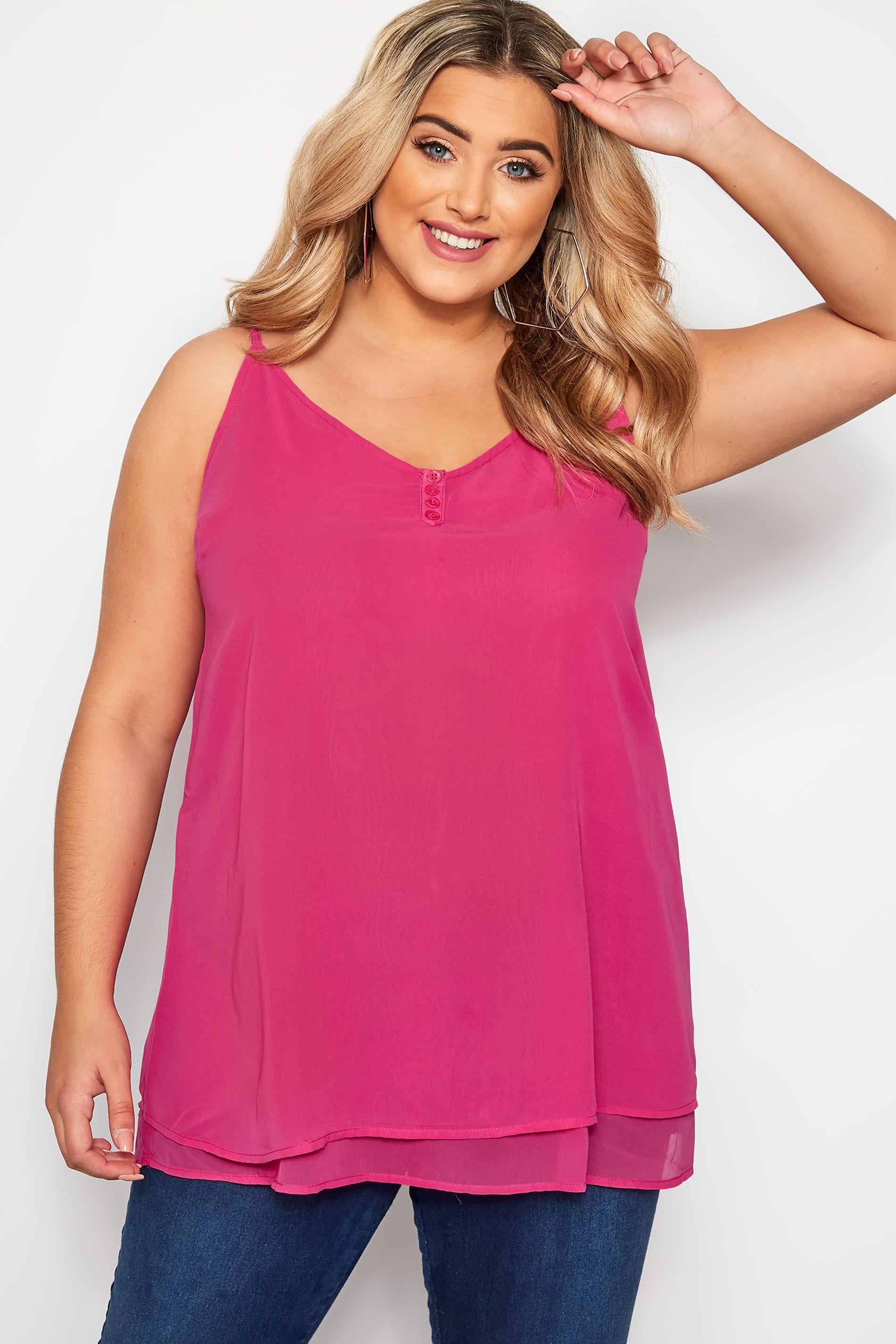 Fuschia Pink Double Layered Button Cami | Sizes 16-40 | Yours Clothing