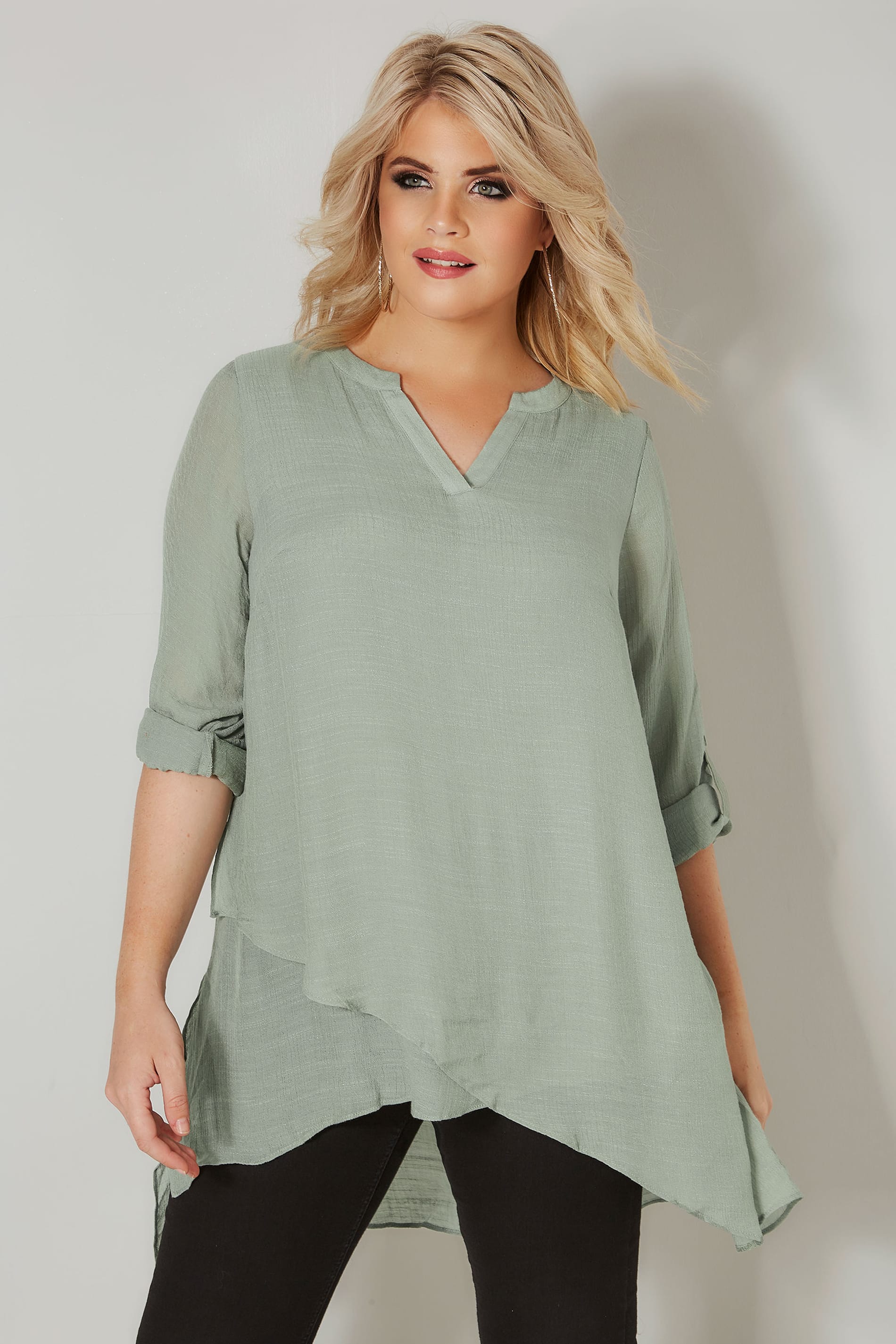 Green Layered Blouse With Notch Neck & Dipped Hem, plus size 16 to 36