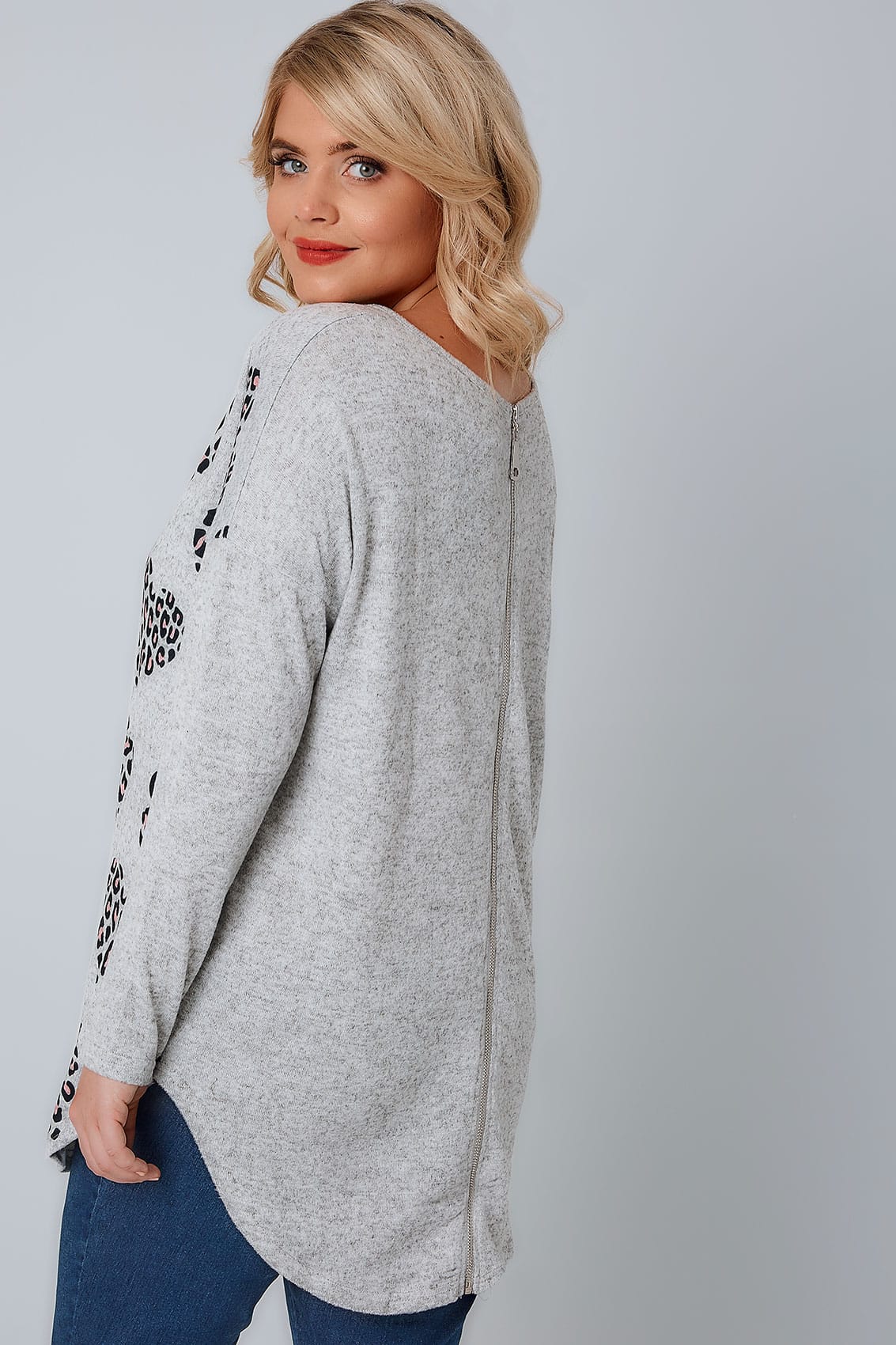 Grey Animal Heart Print Brushed Fine Knit Top With a Zip Up Back, Plus ...