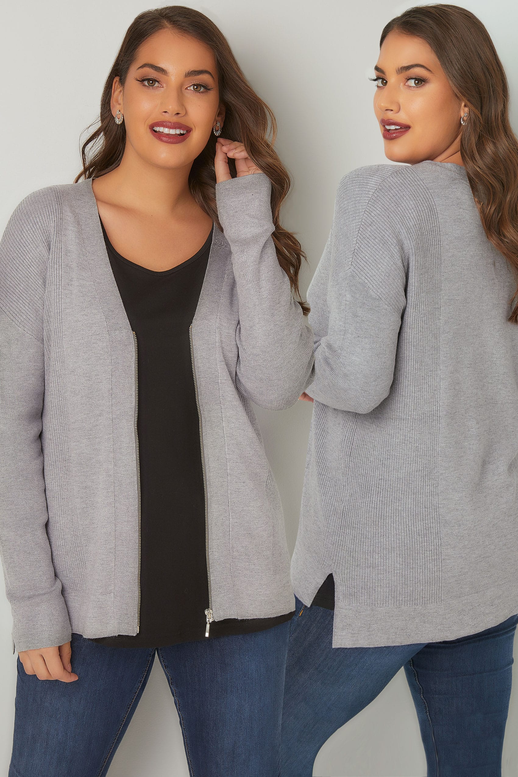 Grey Cardigan With Zip Front, Plus size 16 to 36