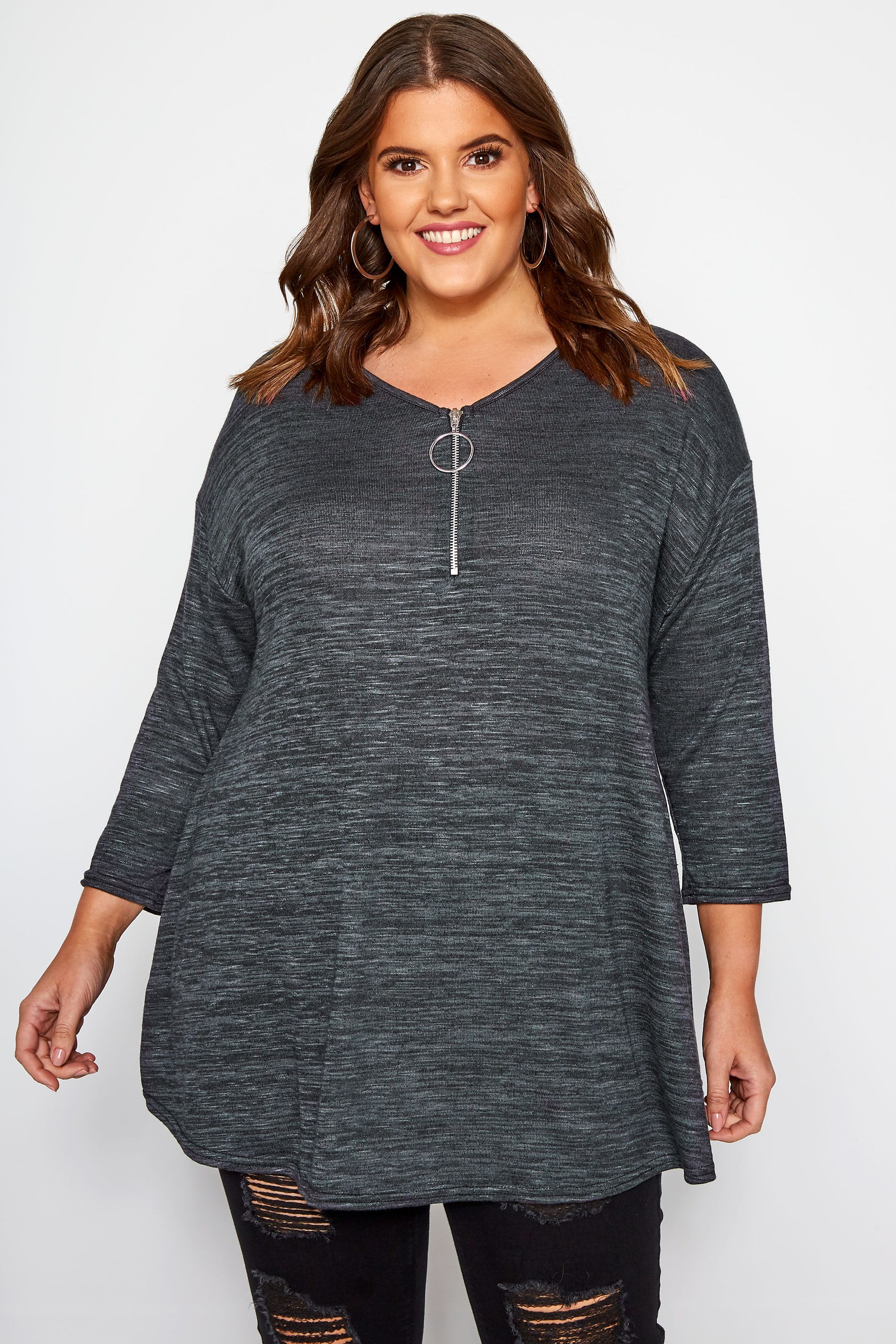 Grey Longline Top With Zip Front | Yours Clothing