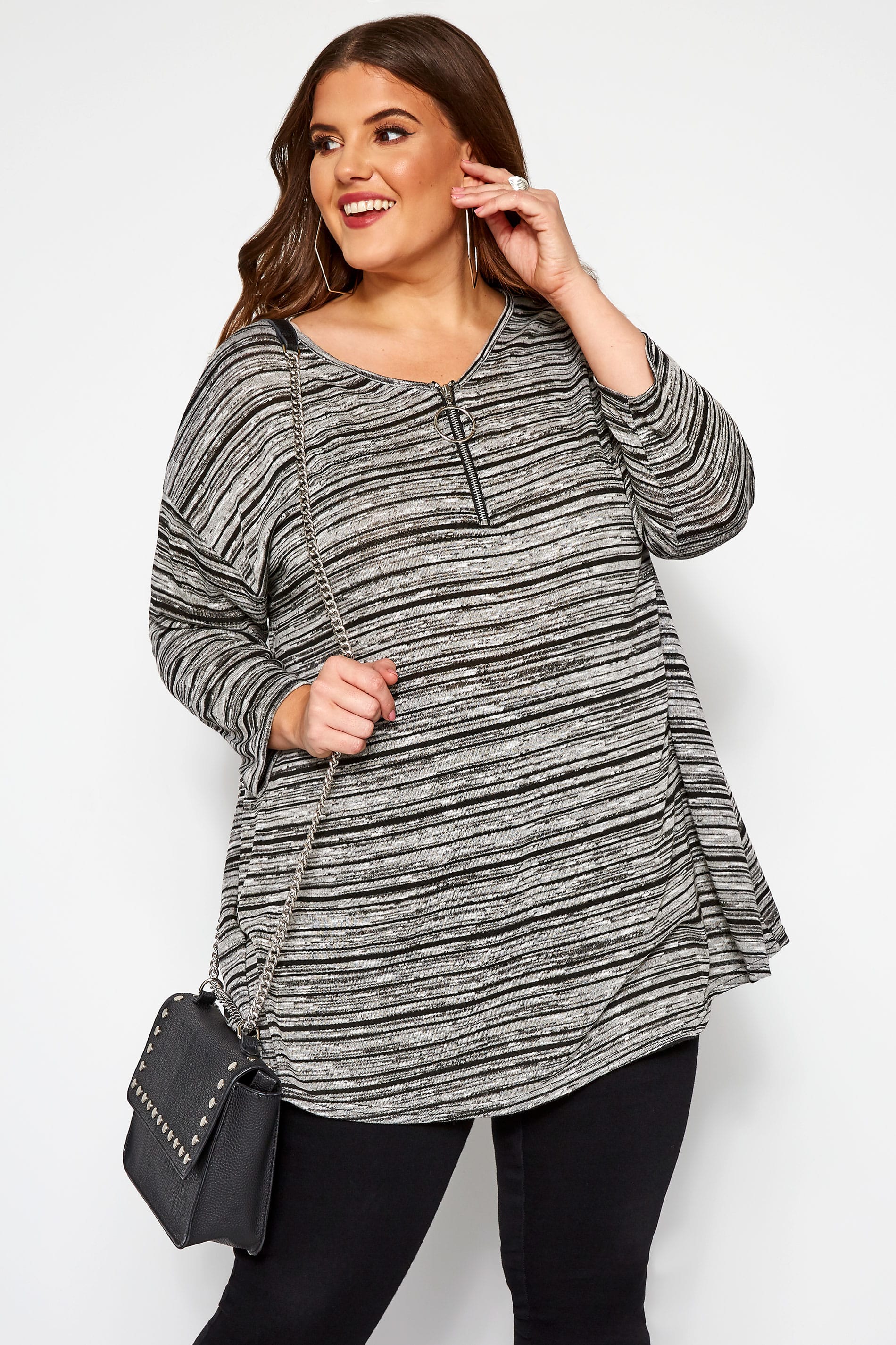 Grey Marl Striped Longline Top With Zip Front | Yours Clothing