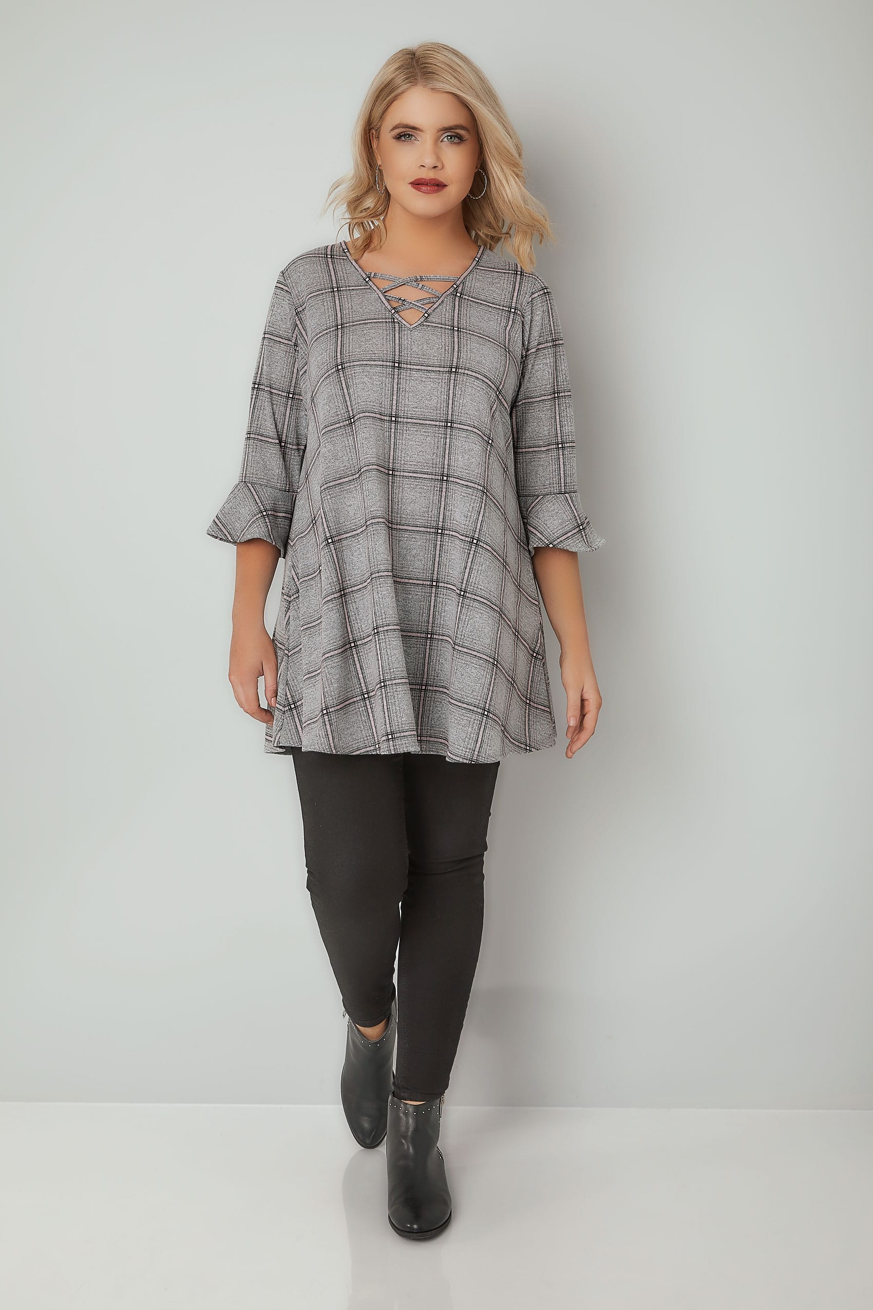 Grey & Pink Checked Longline Swing Top With Flute Sleeves, plus size 16 ...