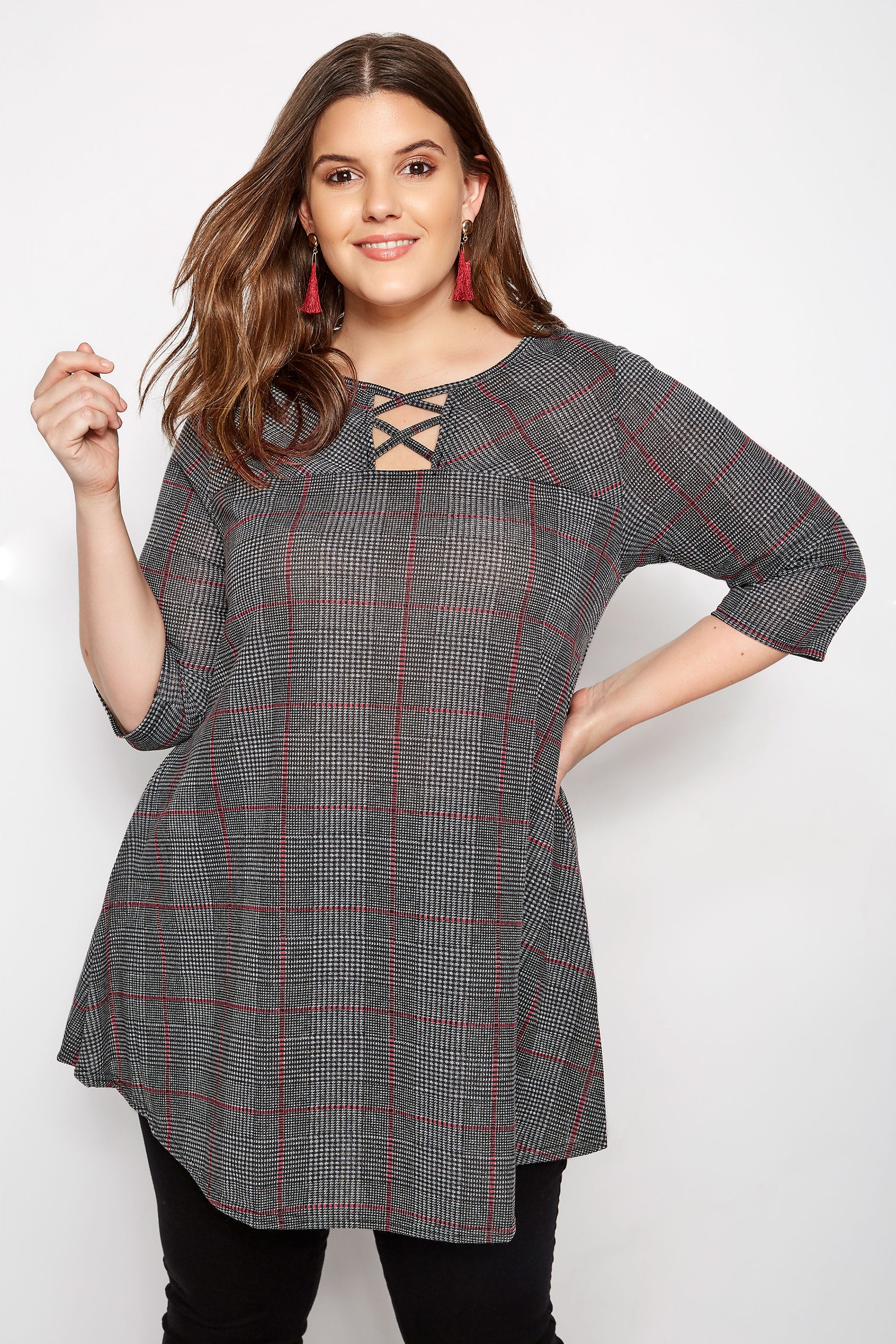 Grey & Red Checked Top, Plus size 16 to 36 | Yours Clothing