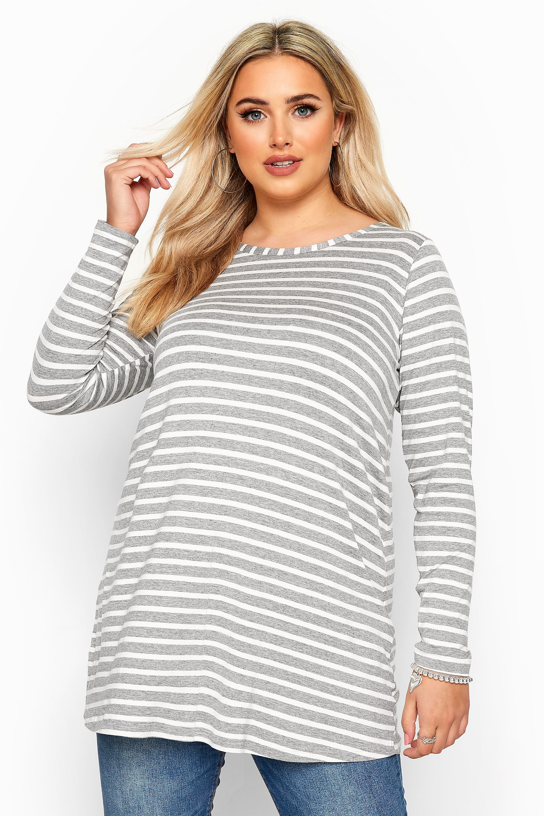 Grey & White Striped Jersey Top | Yours Clothing