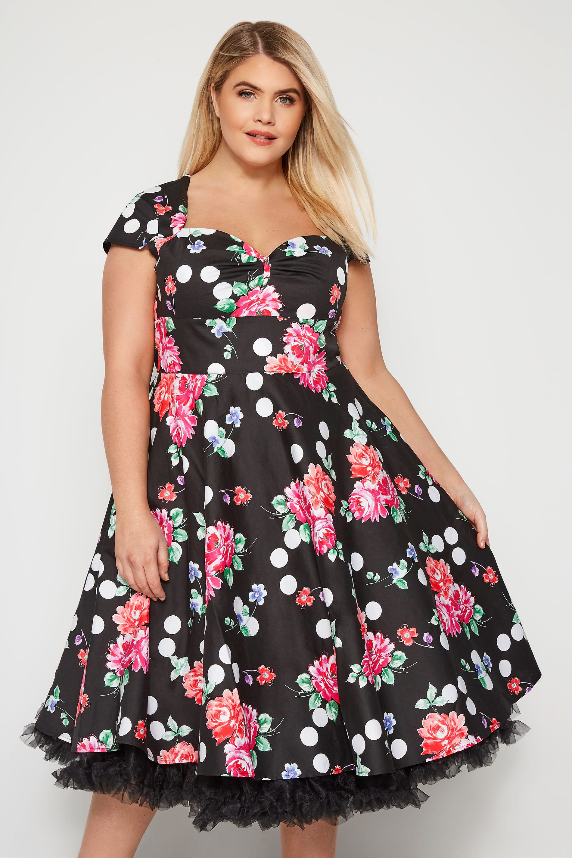 Plus Size HELL BUNNY Black Floral & Spot Carole Dress | Sizes 16 to 32 ...