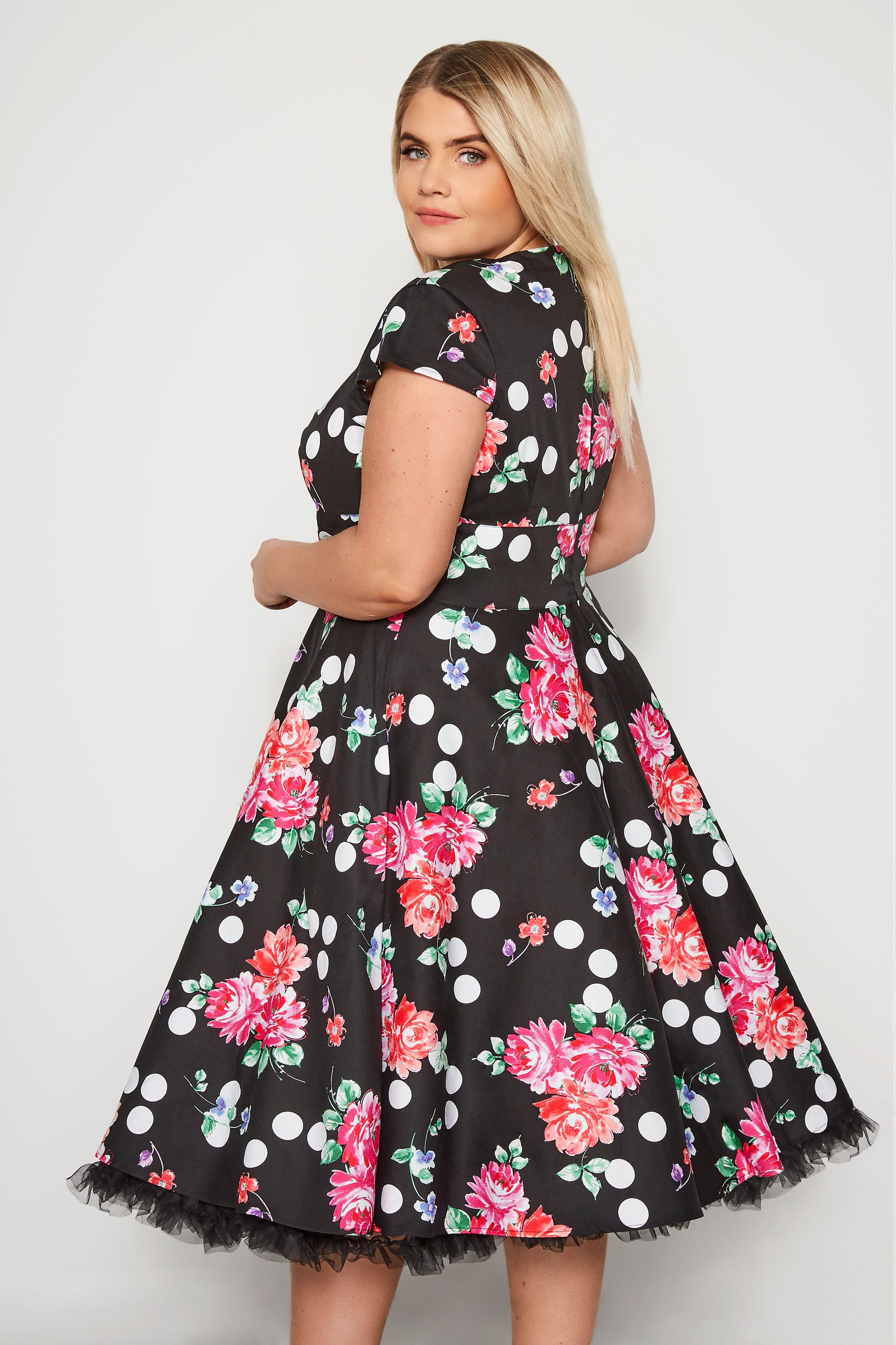 Plus Size HELL BUNNY Black Floral & Spot Carole Dress | Sizes 16 to 32 ...