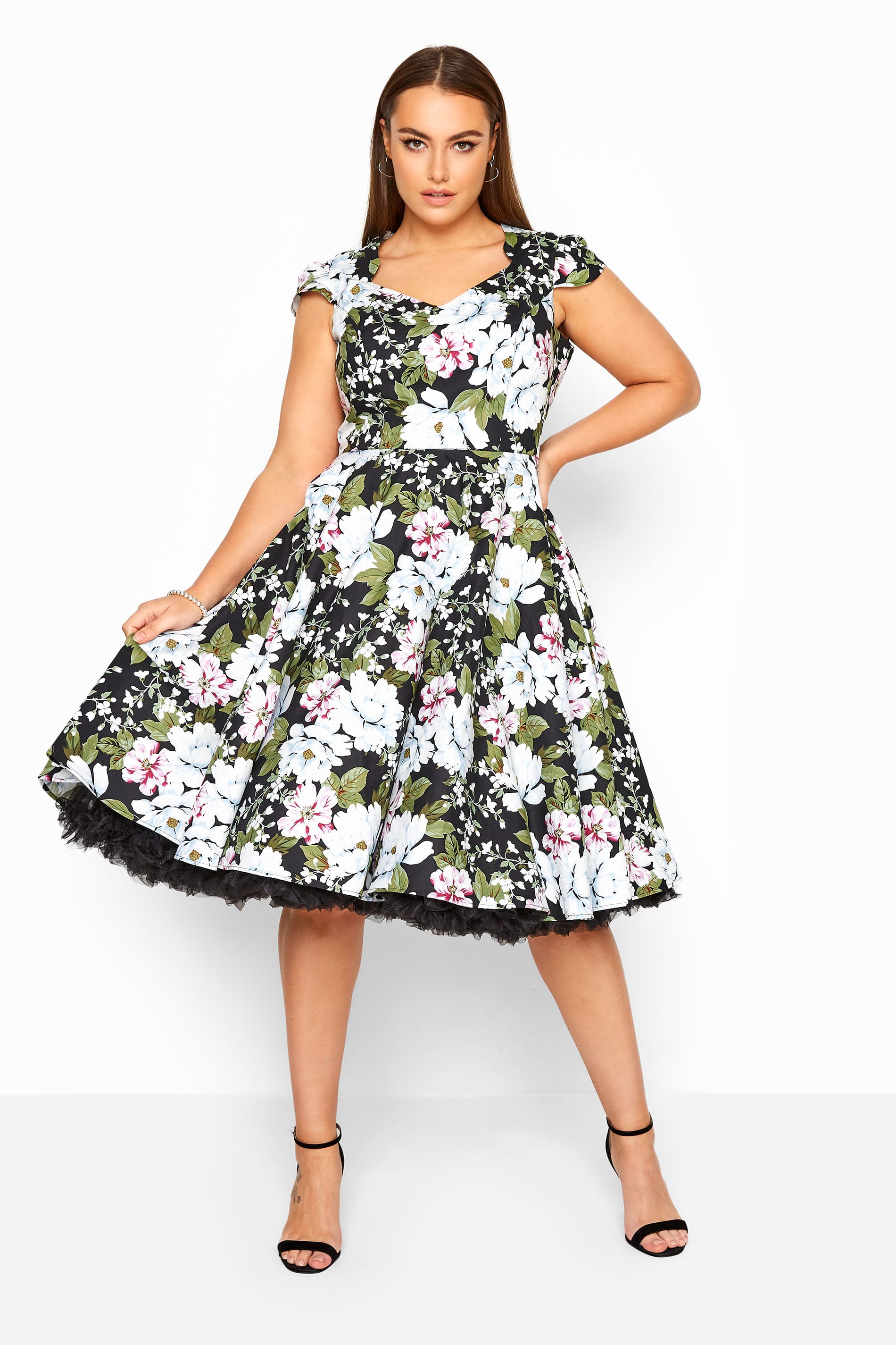 HELL BUNNY Black & White Floral Print 'Alba' Skater Dress | Yours Clothing