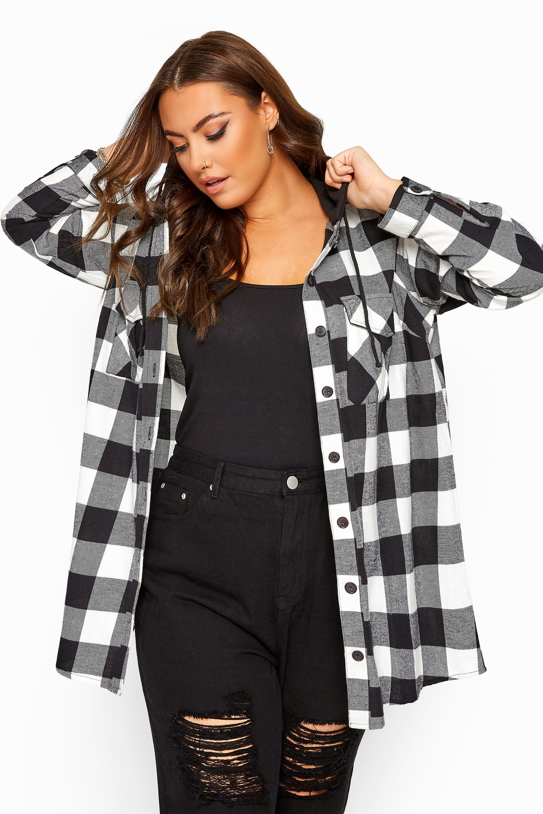 Black Check Brushed Hooded Shirt | Yours Clothing
