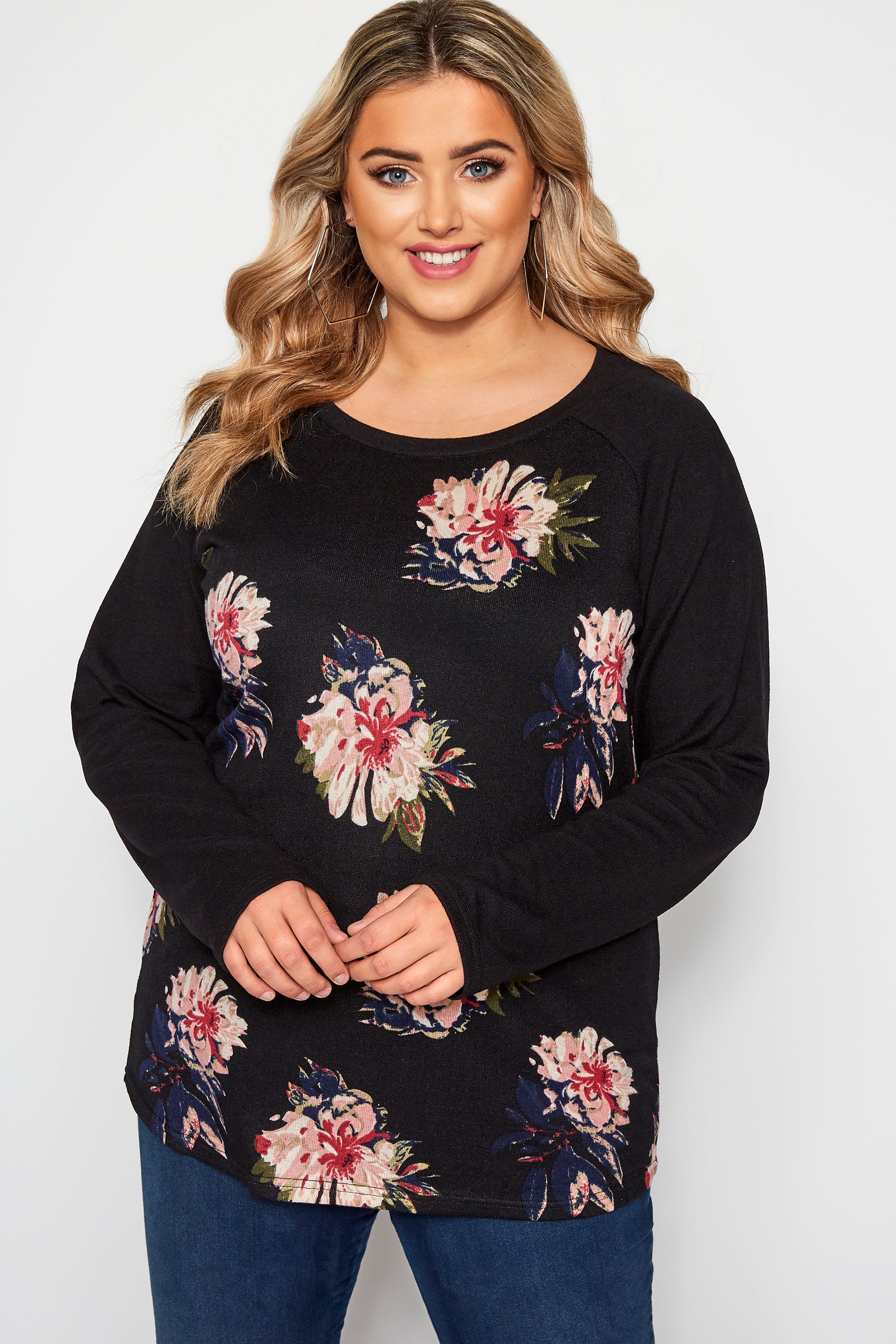 IZABEL CURVE Black Floral Print Knitted Top | Yours Clothing