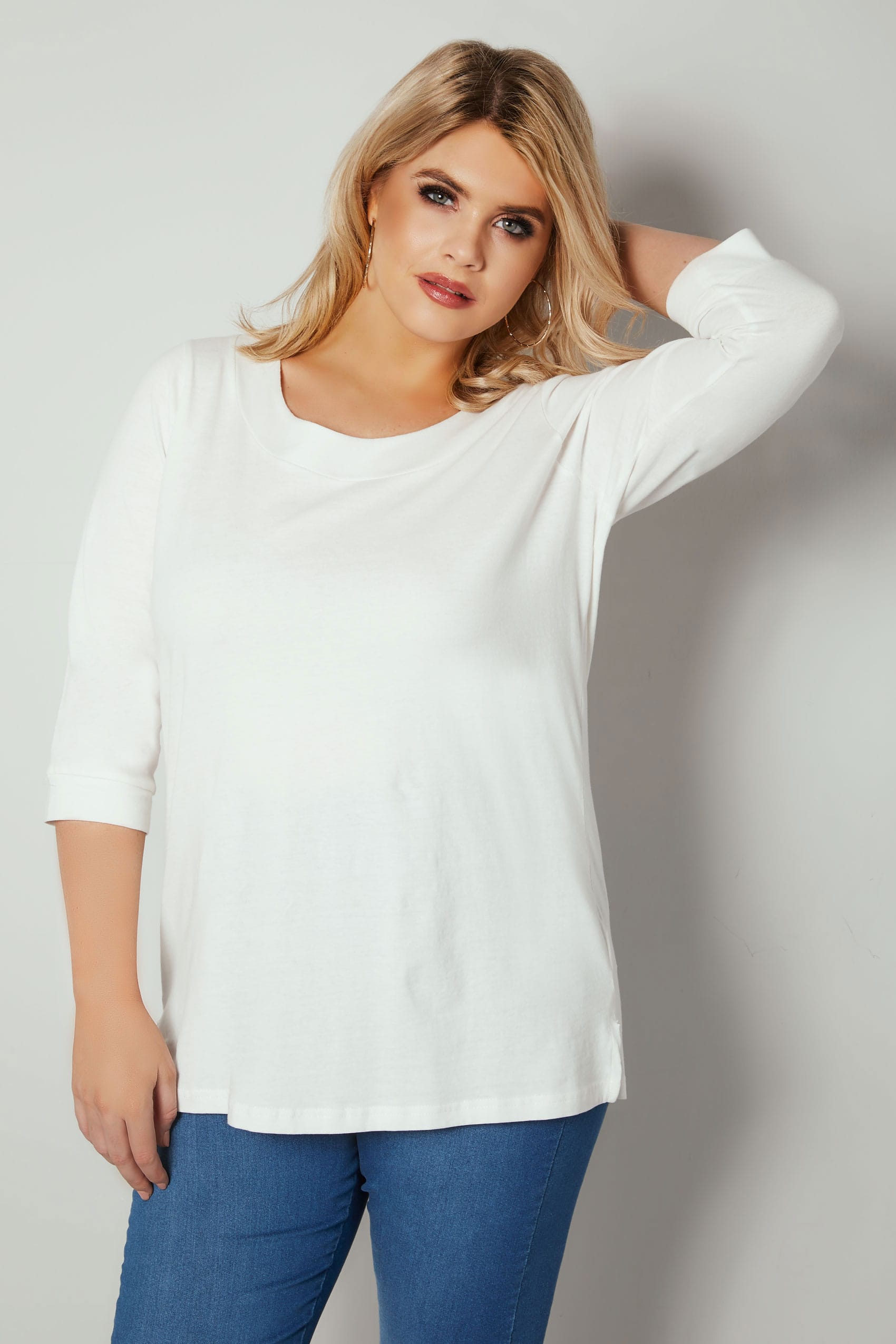 Ivory Band Scoop Neckline T-Shirt With 3/4 Sleeves, Plus size 16 to 36 ...