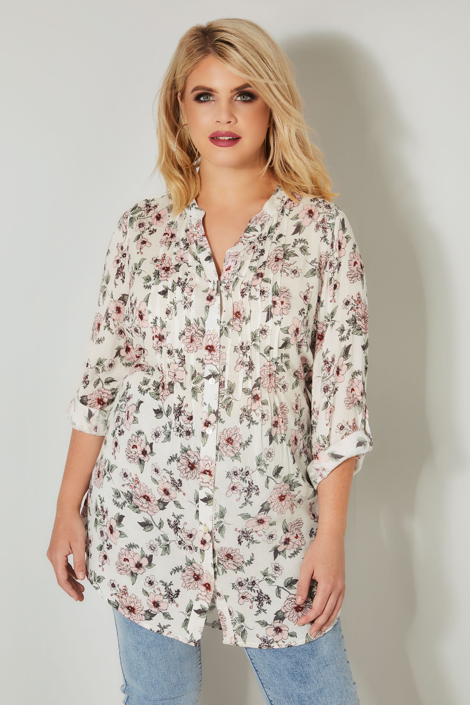 Ivory & Pink Floral Pintuck Longline Blouse With Sequin Detail, plus ...