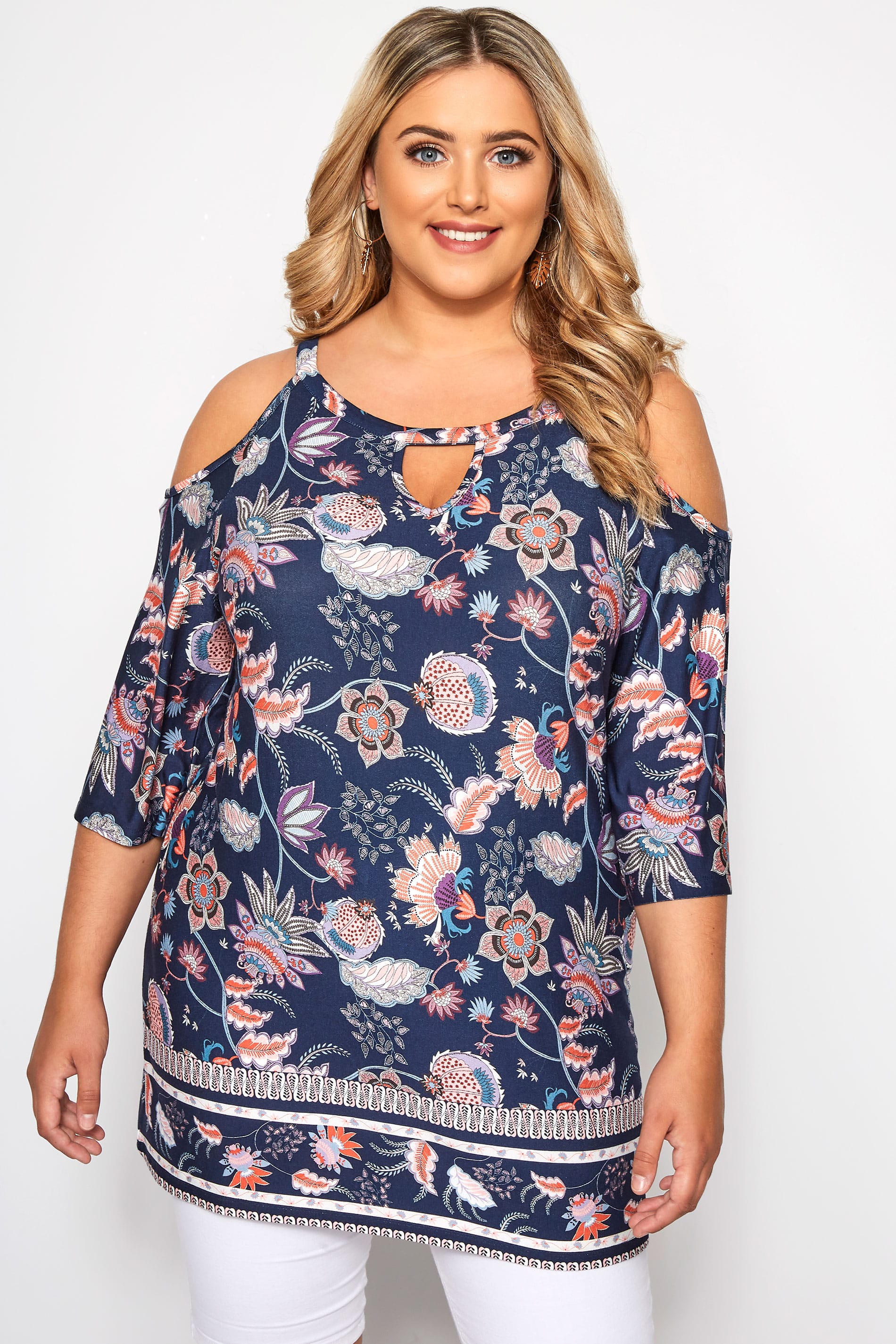 Navy Paisley Cold Shoulder Keyhole Top | Sizes 16-36 | Yours Clothing