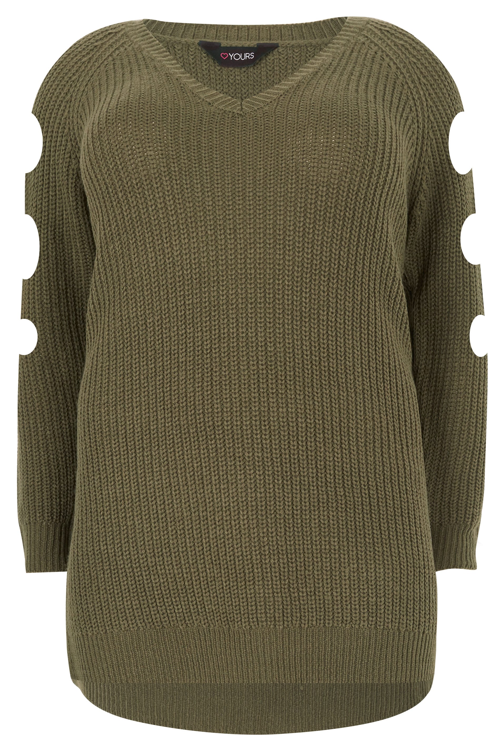 Khaki Chunky Knit Longline Jumper With Cut Out Sleeves, plus size 16 to 36
