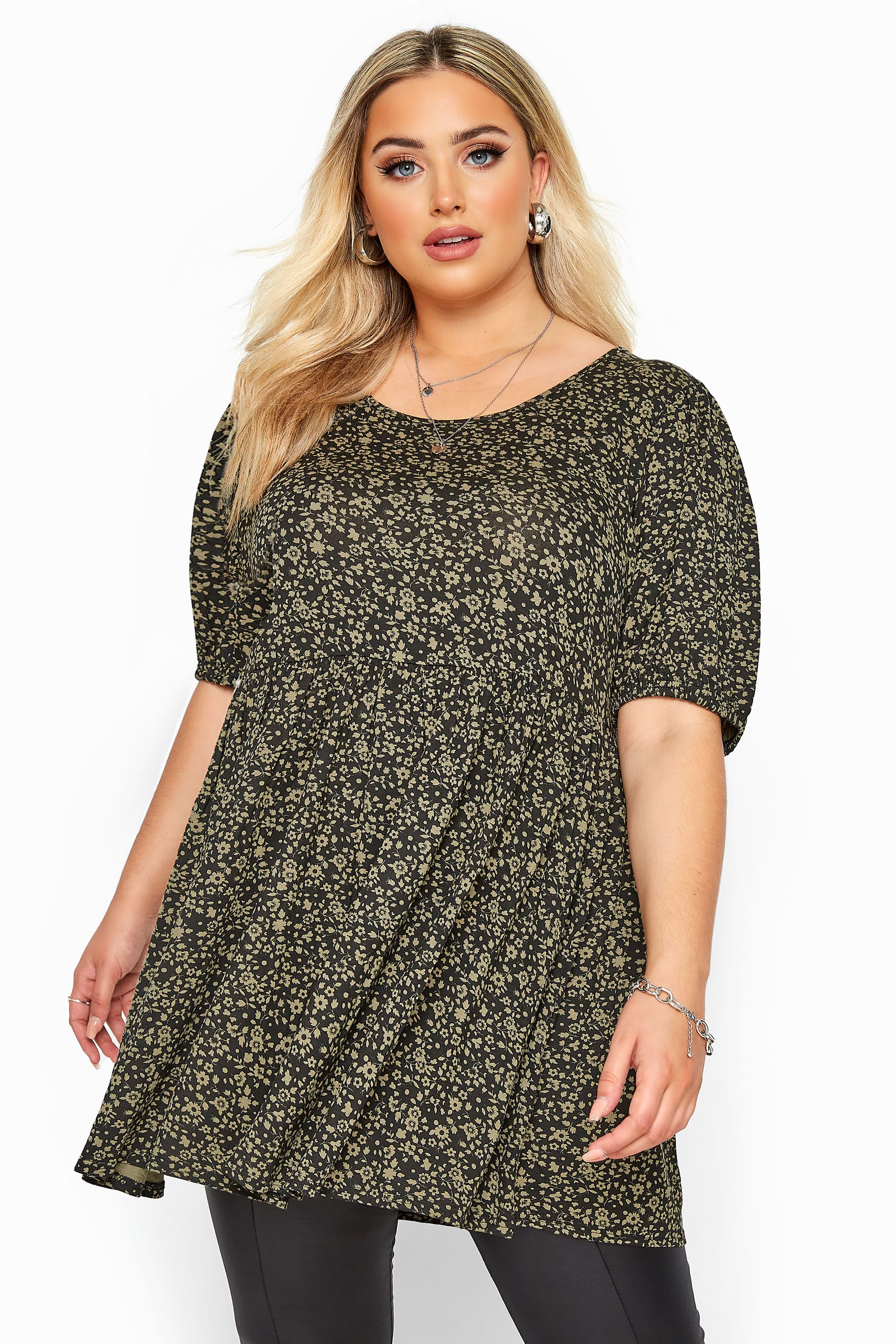 Khaki Green Ditsy Balloon Sleeve Peplum Top | Yours Clothing