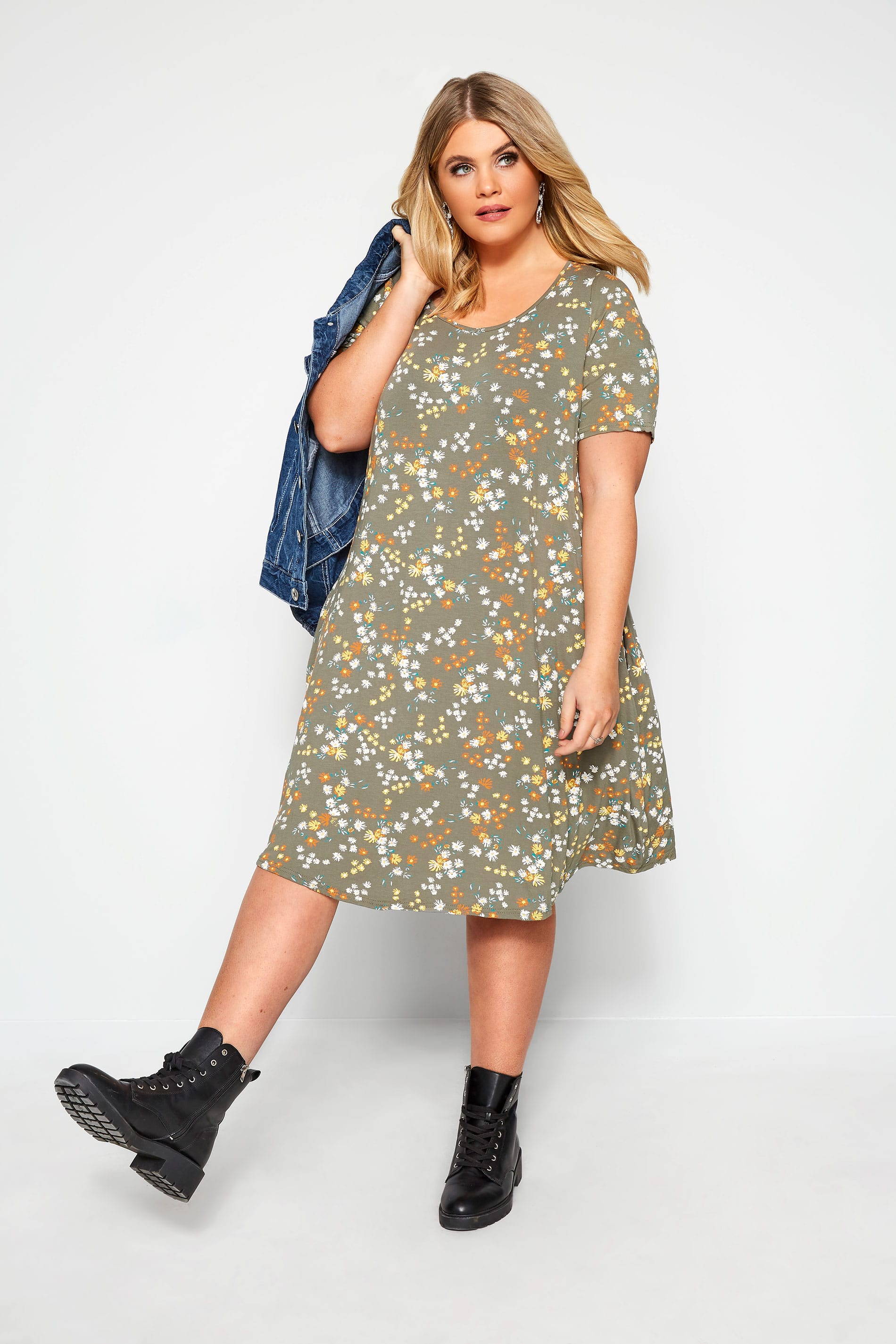 Khaki Floral Pocket Swing Dress | Yours Clothing