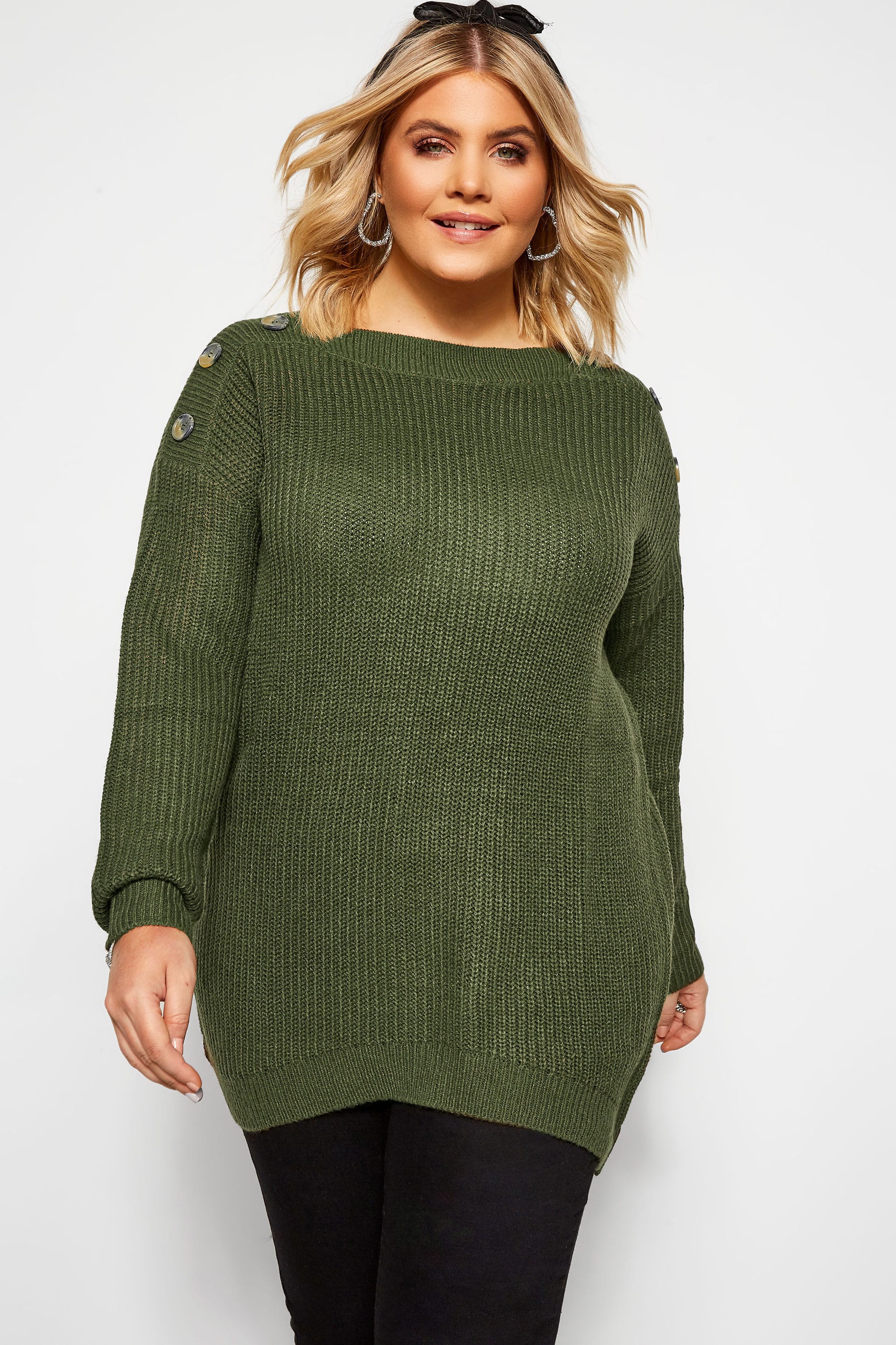 Khaki Green Button Shoulder Jumper Yours Clothing