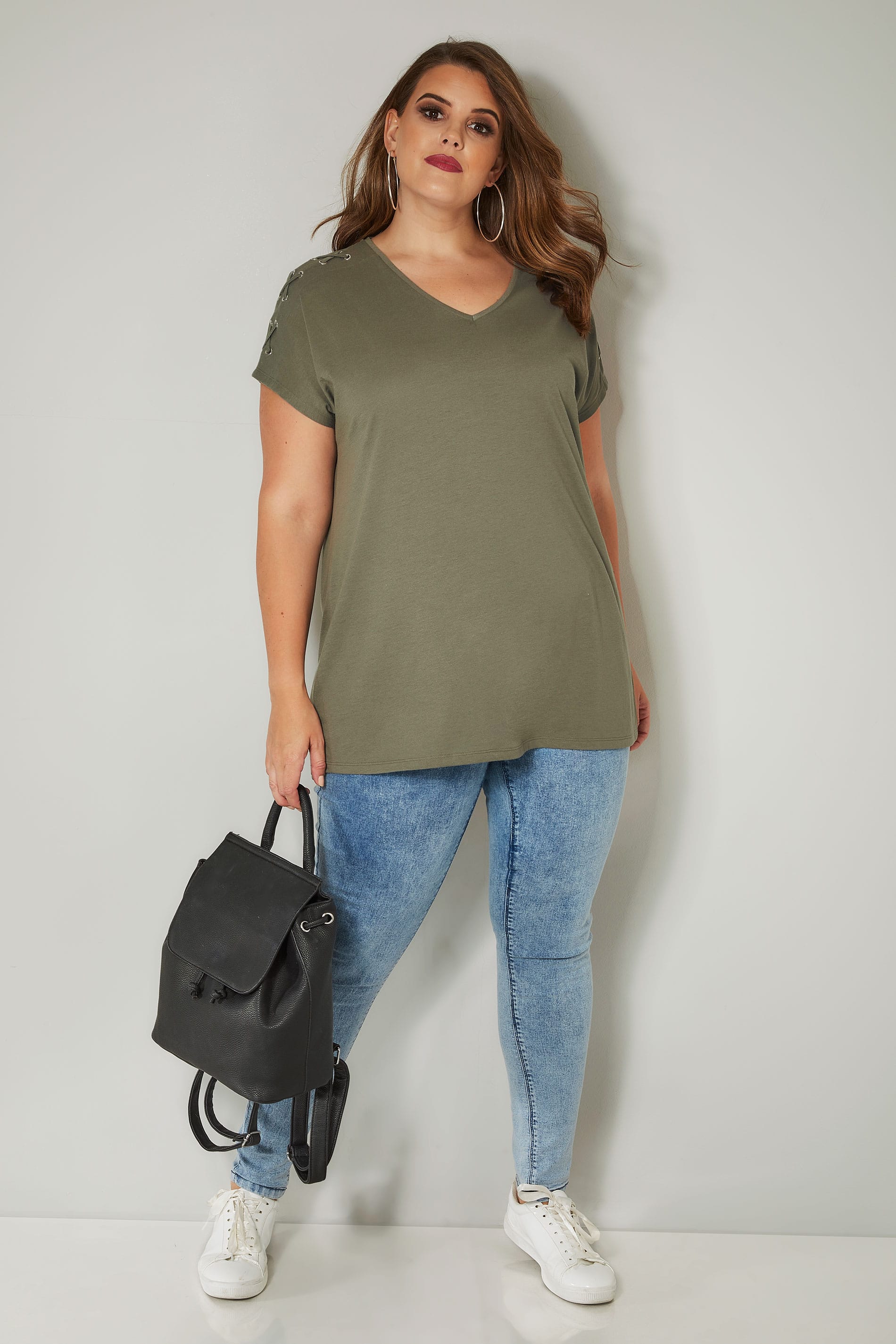 Khaki Jersey Top With Lace Eyelet Details, plus size 16 to 36