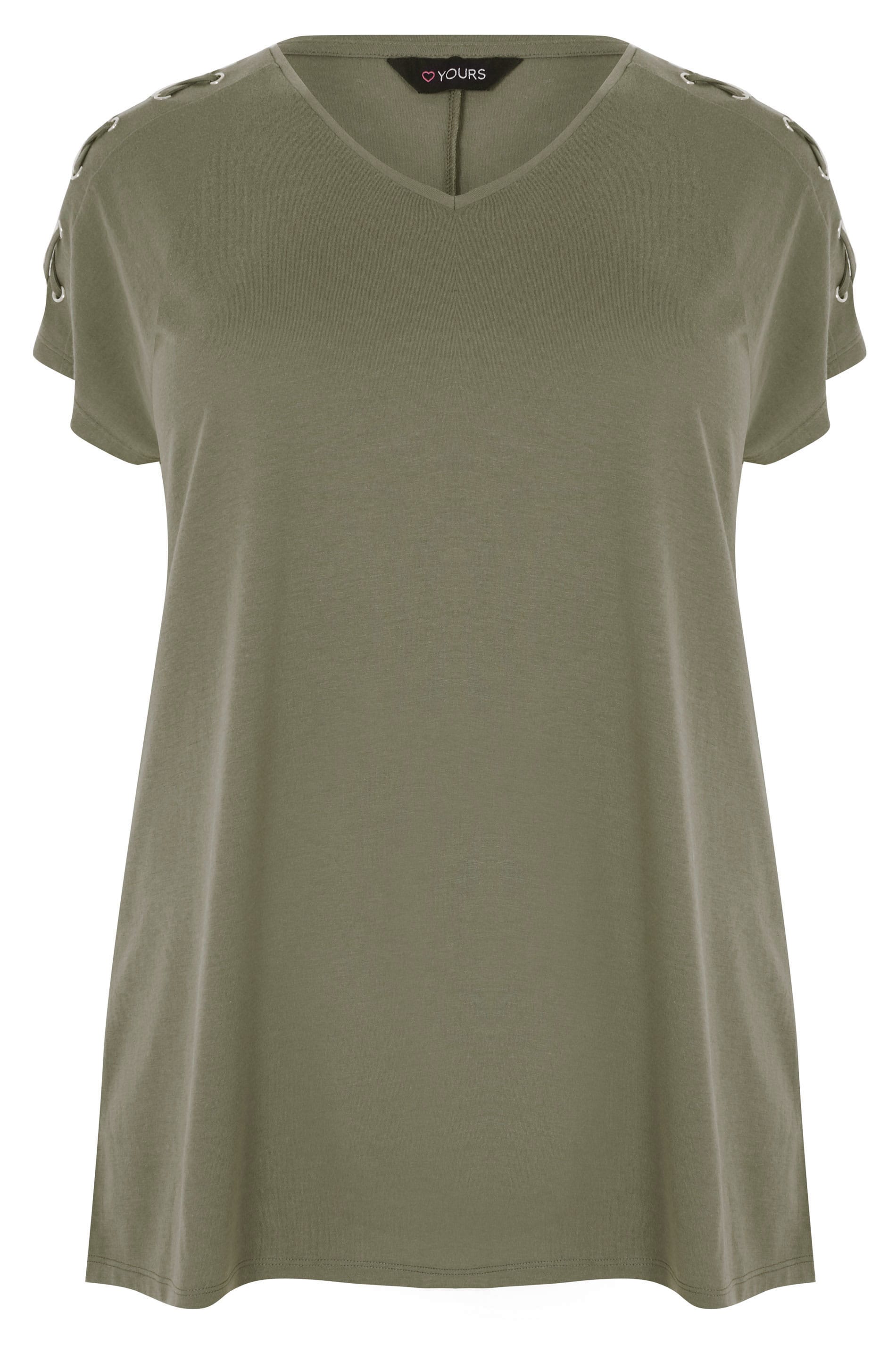 Khaki Jersey Top With Lace Eyelet Details, plus size 16 to 36