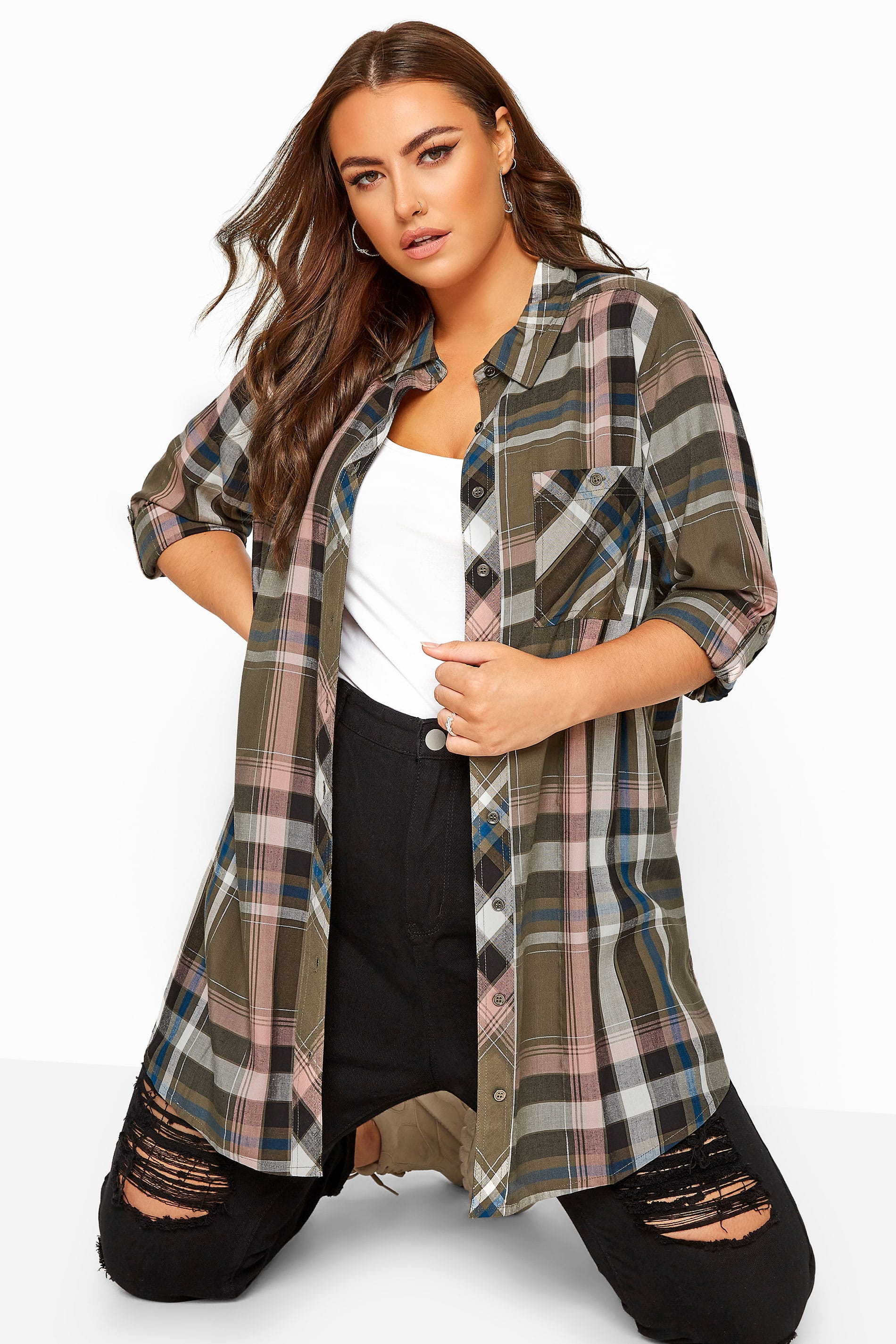 Khaki Metallic Check Boyfriend Shirt | Yours Clothing