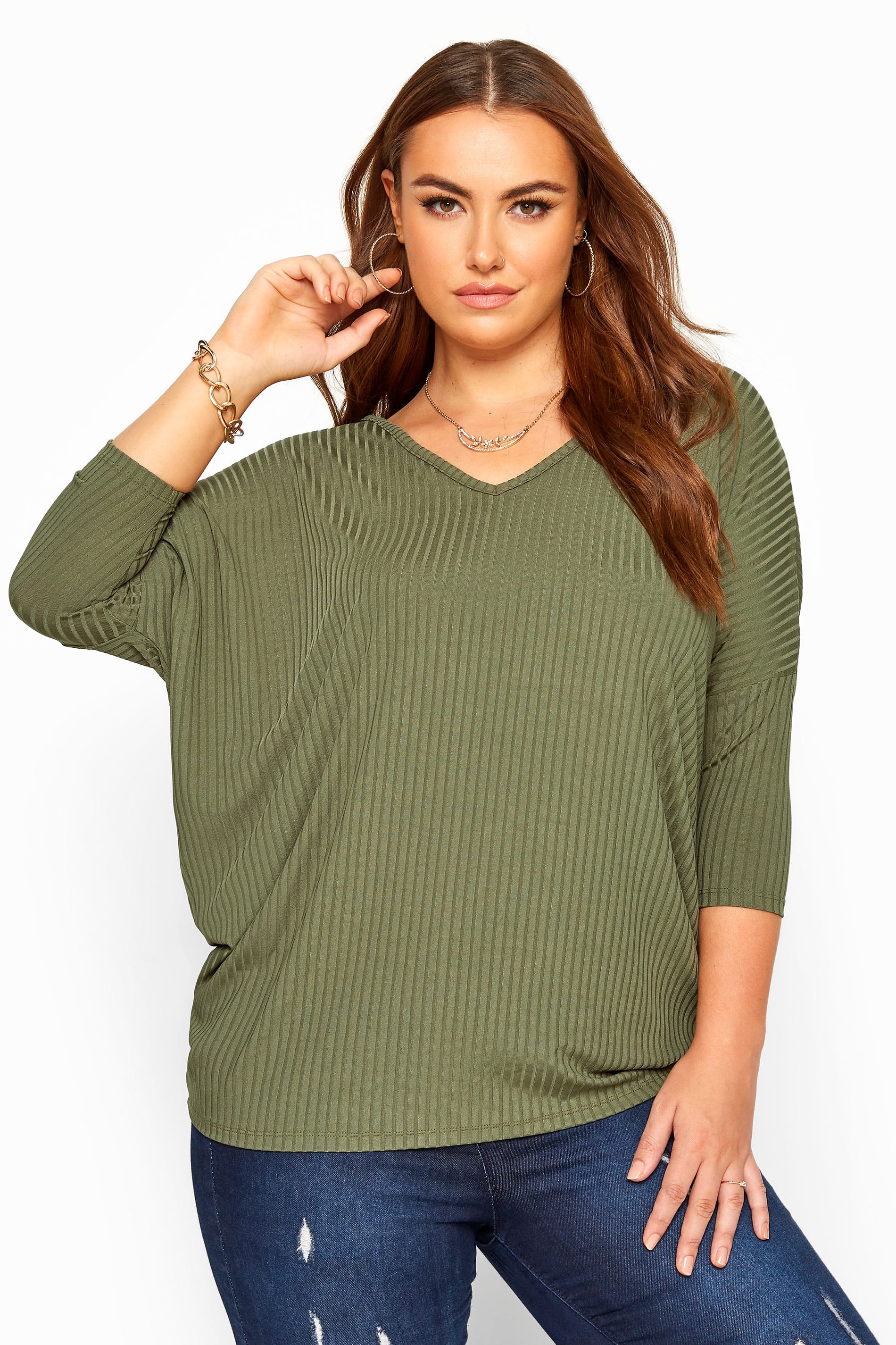 Khaki V-Neck Ribbed Top | Yours Clothing