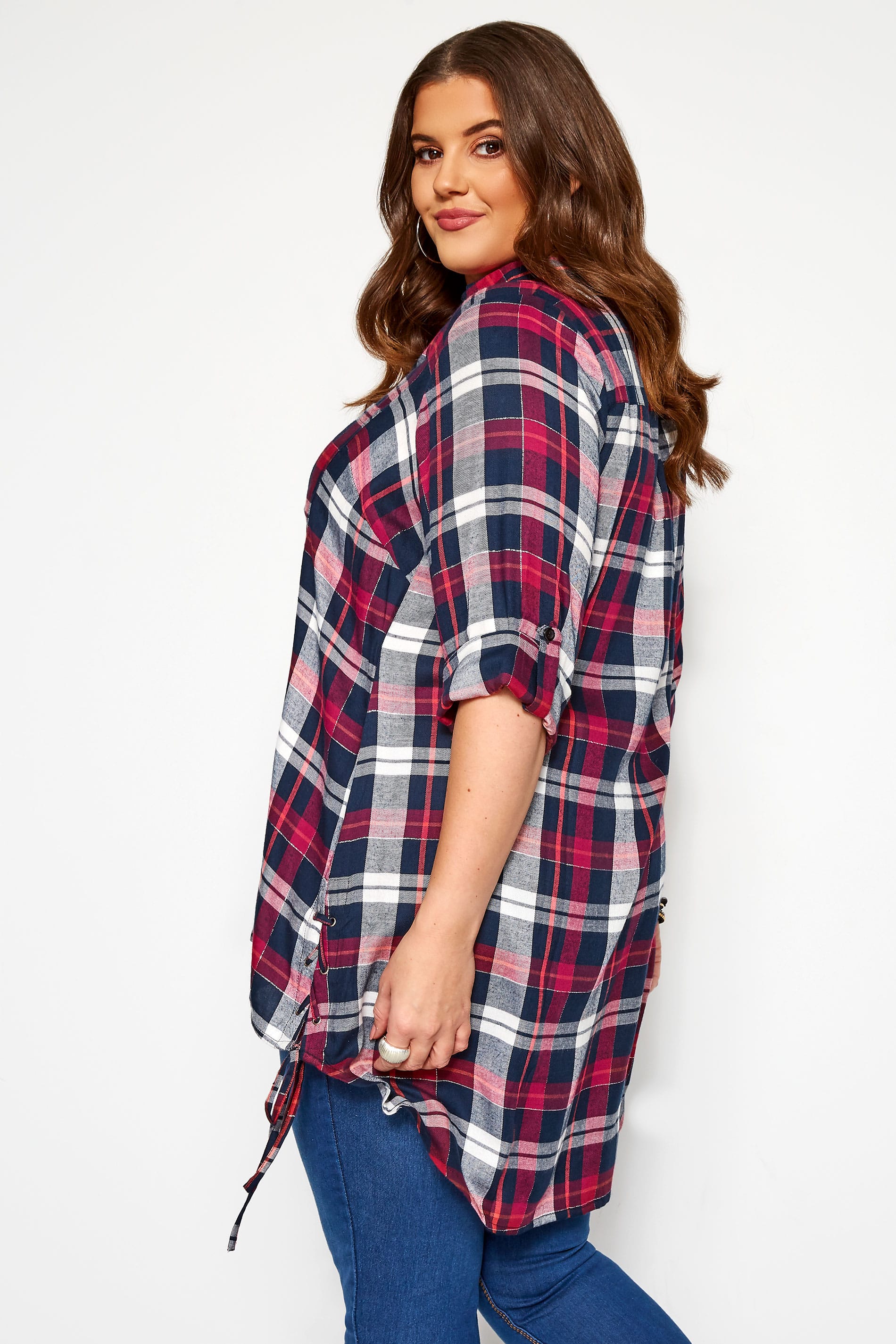 Pink & Navy Lace Up Side Check Shirt | Yours Clothing