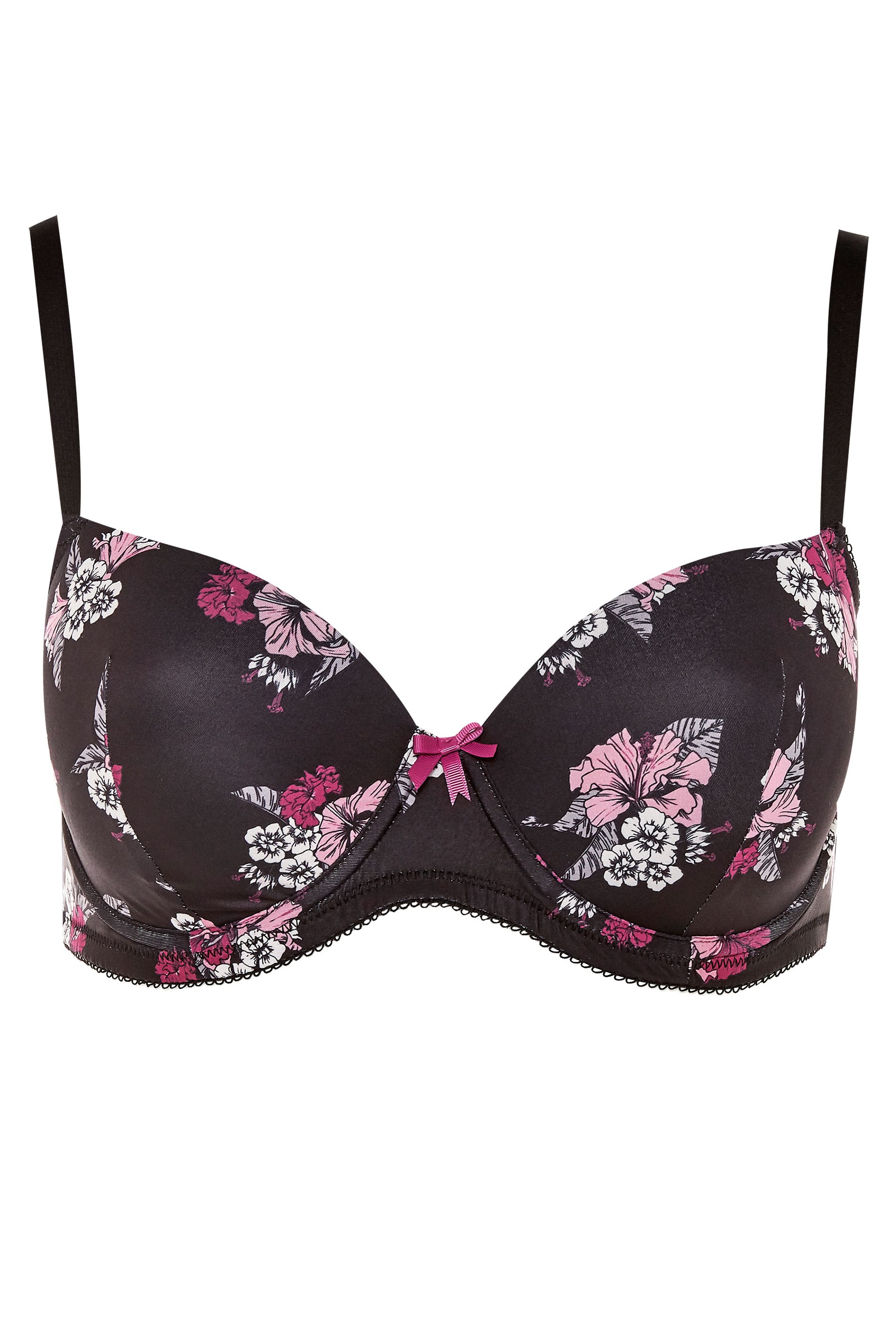 Black Floral Padded Underwired T-Shirt Bra | Sizes | Yours Clothing