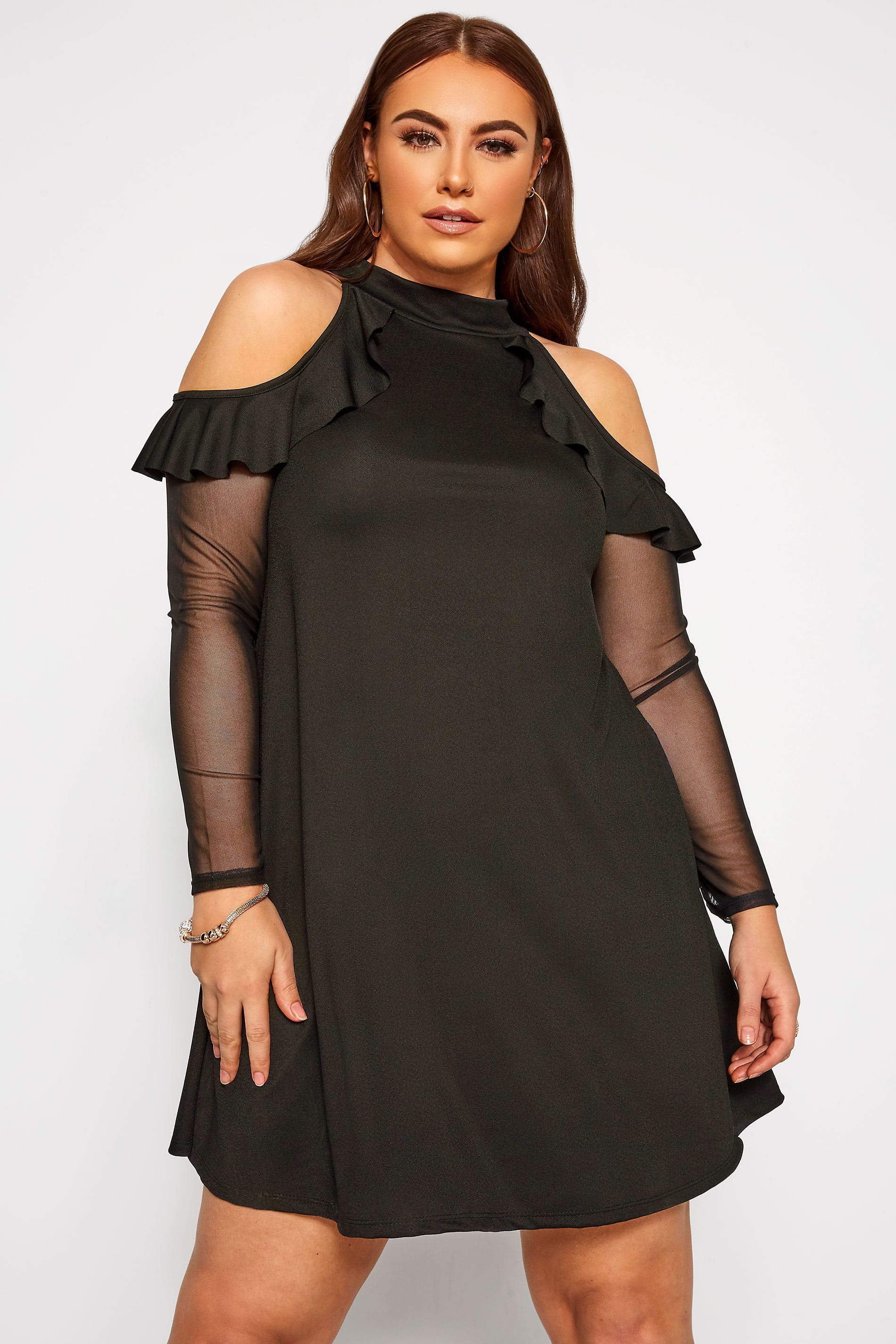 mesh frill dress black