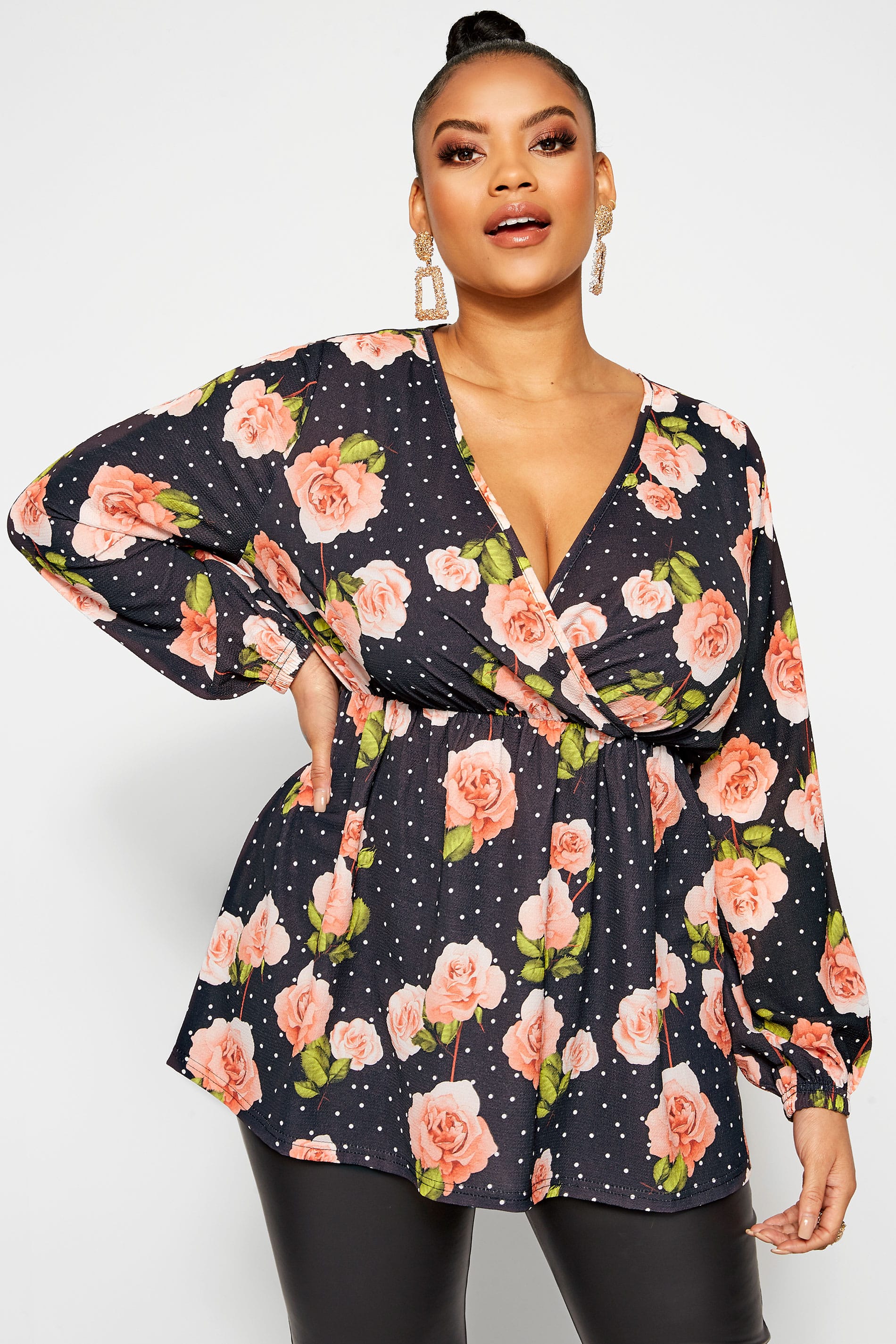 LIMITED COLLECTION Black Floral Polka Dot Wrap Top | Yours Clothing
