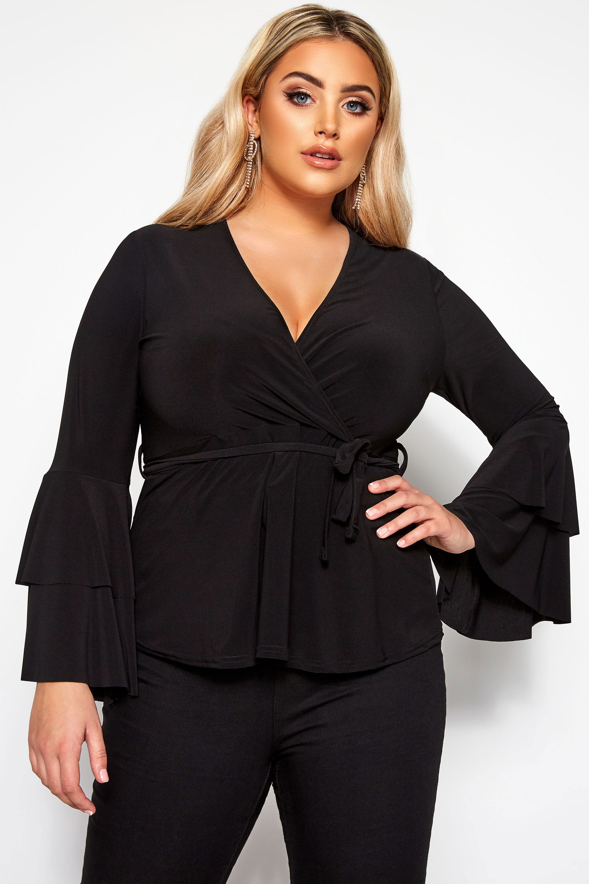 LIMITED COLLECTION Black Frill Sleeve Wrap Top | Yours Clothing 2
