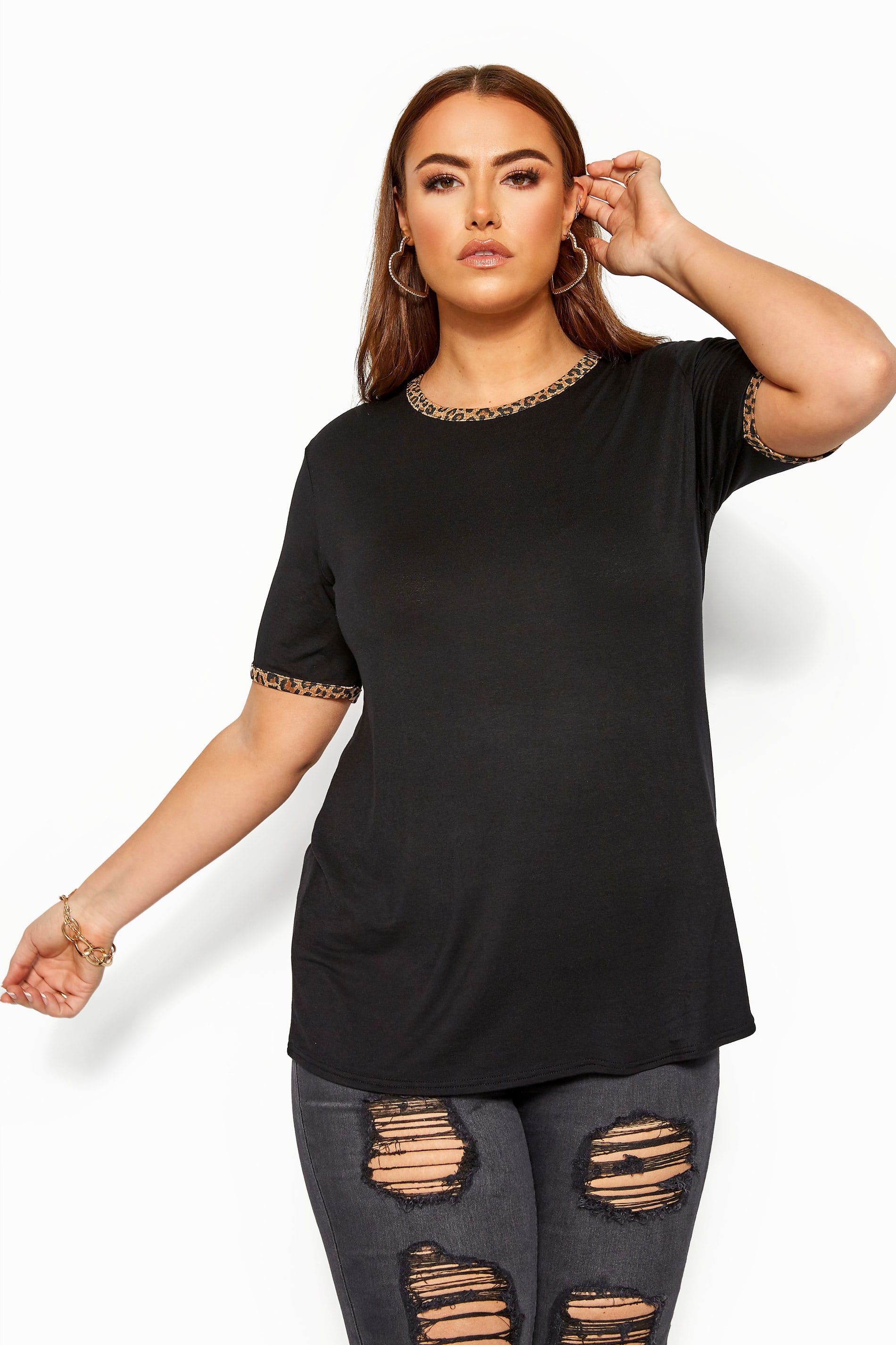 LIMITED COLLECTION Black Leopard Print Trim Top | Yours Clothing