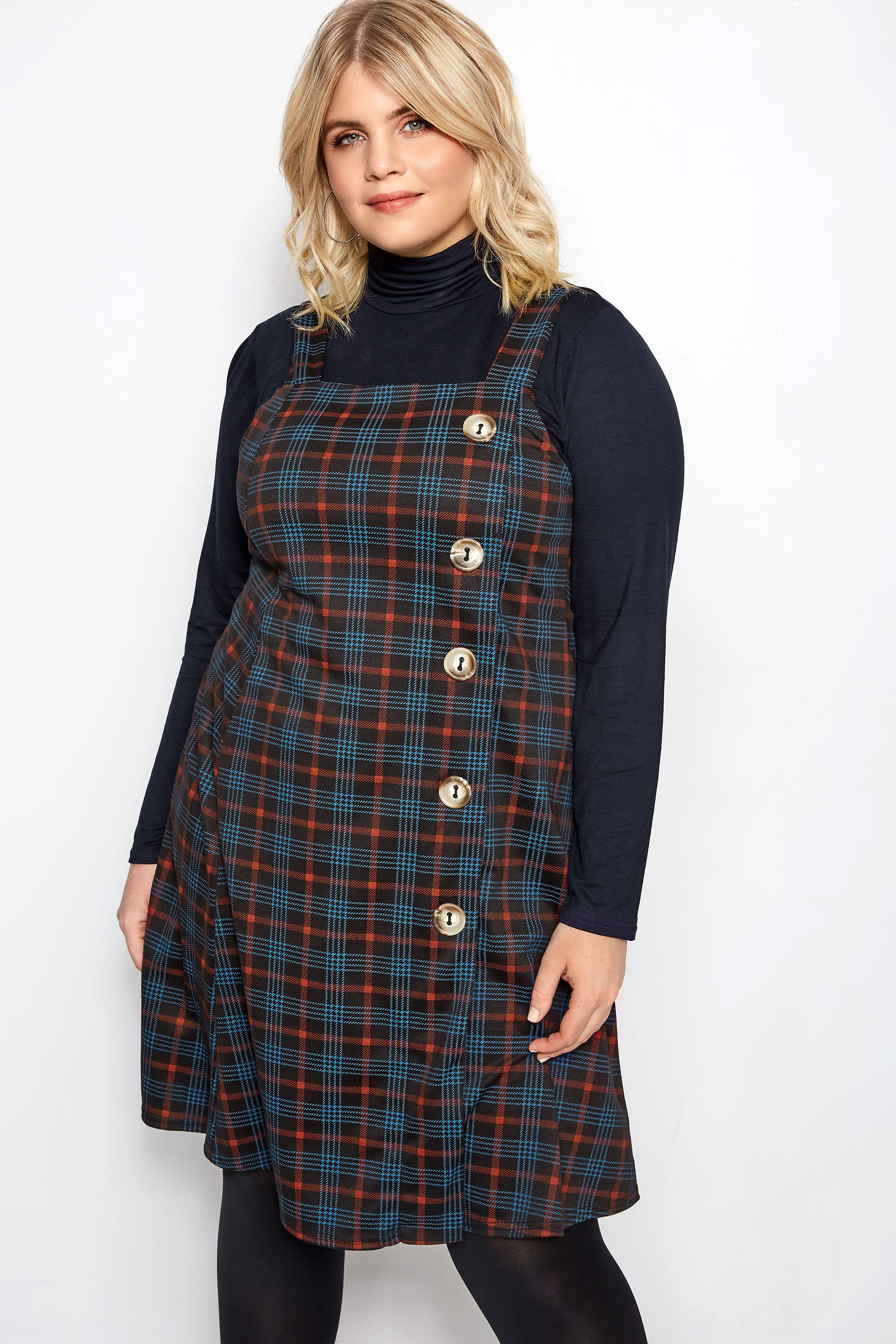 Plus Size Black & Red Check Button Pinafore Dress | Sizes 16 to 36 ...