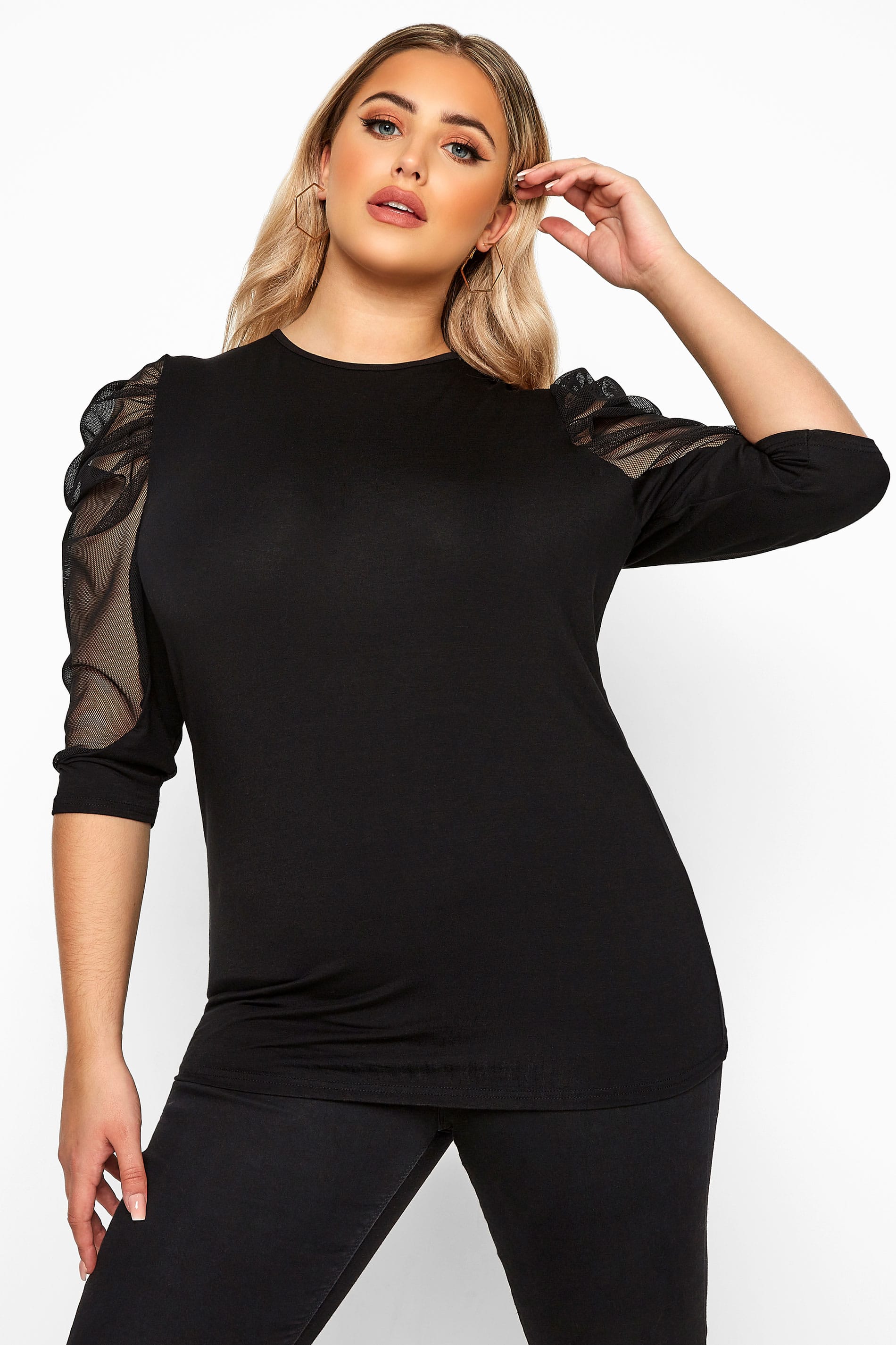 Limited Collection Black Ruched Mesh Sleeve Top Yours Clothing