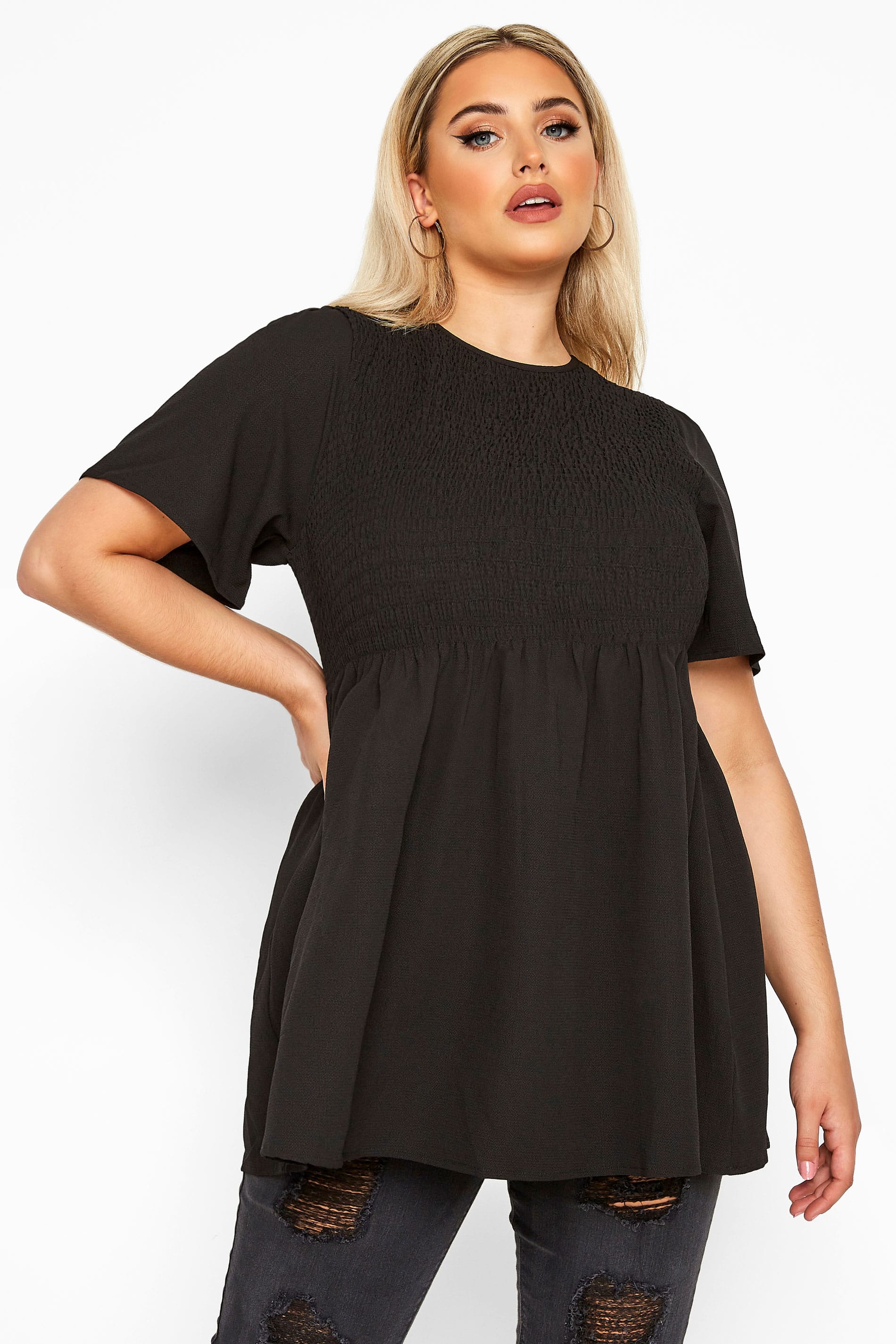 Black Shirred Smock Top | Yours Clothing