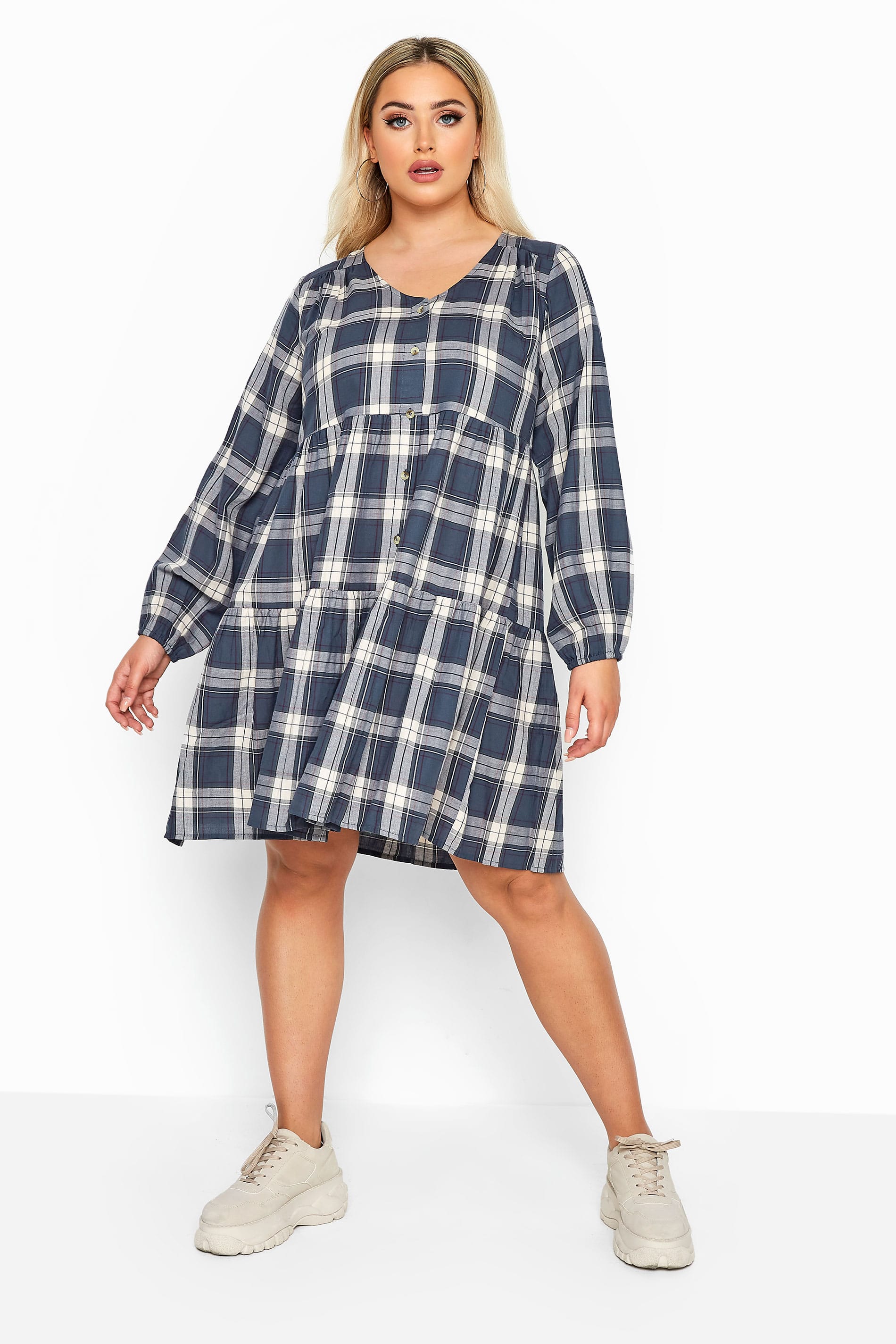 LIMITED COLLECTION Blue Check Tiered Smock Dress | Yours Clothing