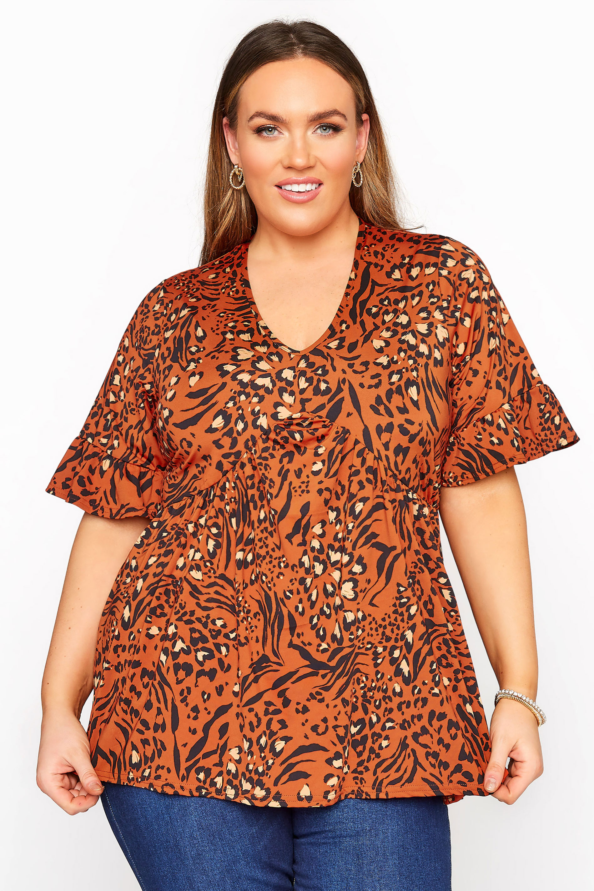 LIMITED COLLECTION Burnt Mix Animal Print Frill Smock Top | Yours Clothing