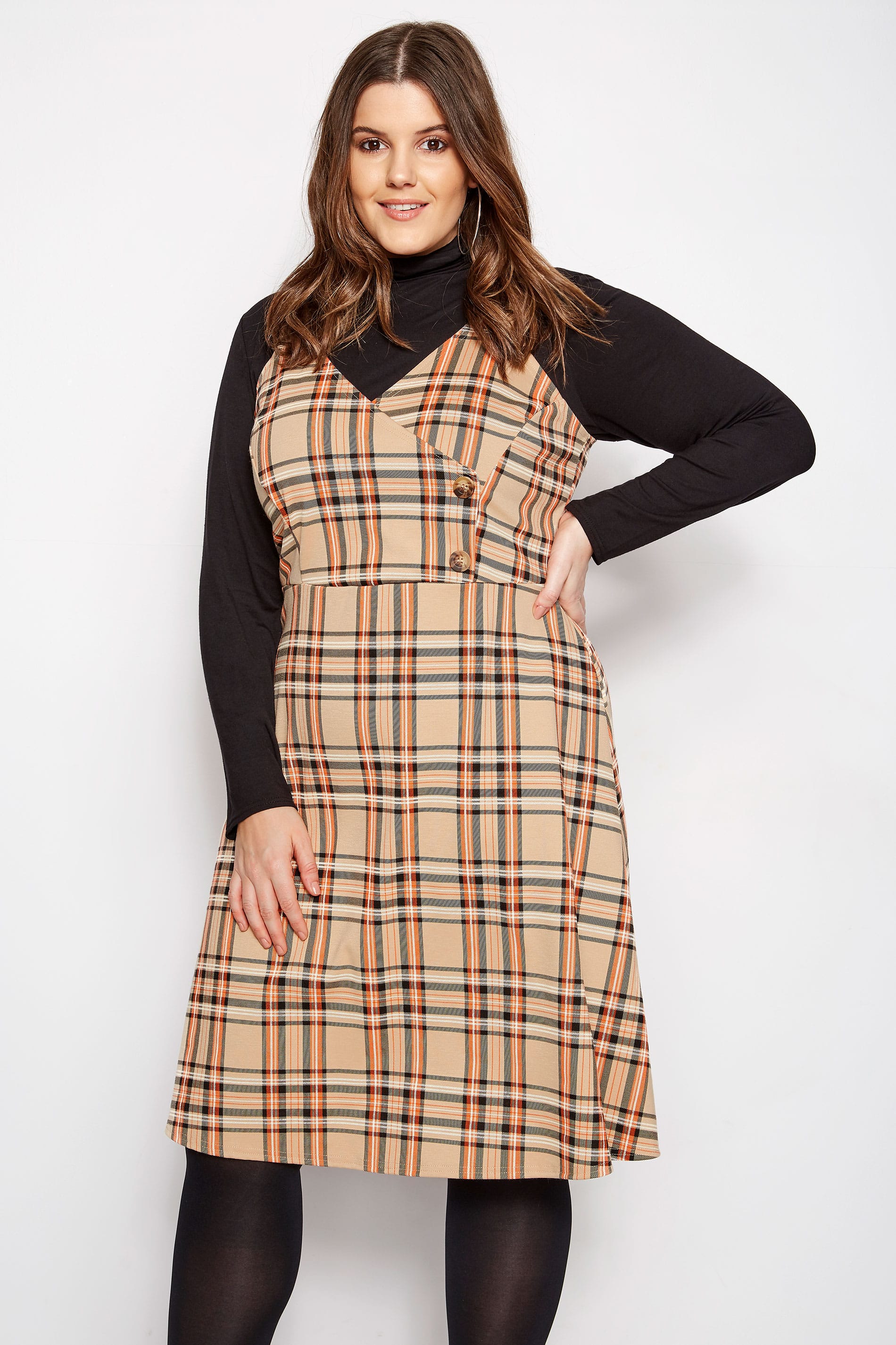 Plus Size LIMITED COLLECTION Orange & Beige Wrap Front Check Pinafore ...