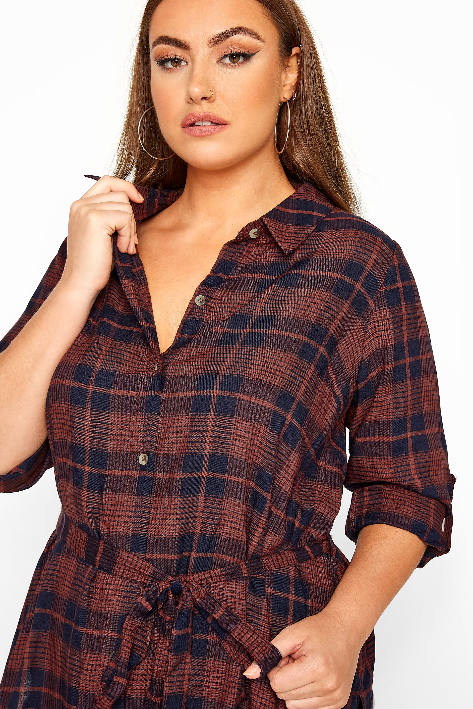 LIMITED COLLECTION Rust & Navy Belted Check Shirt | Yours Clothing