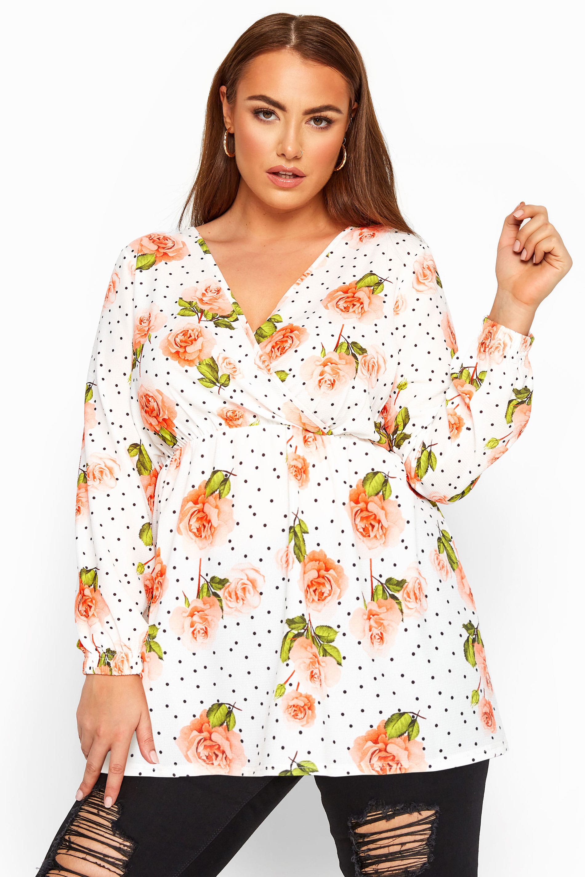 LIMITED COLLECTION White Floral Polka Dot Wrap Top | Yours Clothing
